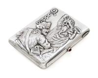 A Russian Silver Cigarette Case, Maker's mark Cyrillic GR, Moscow, early 20th century, the lid depicting the story of Sadko playing an