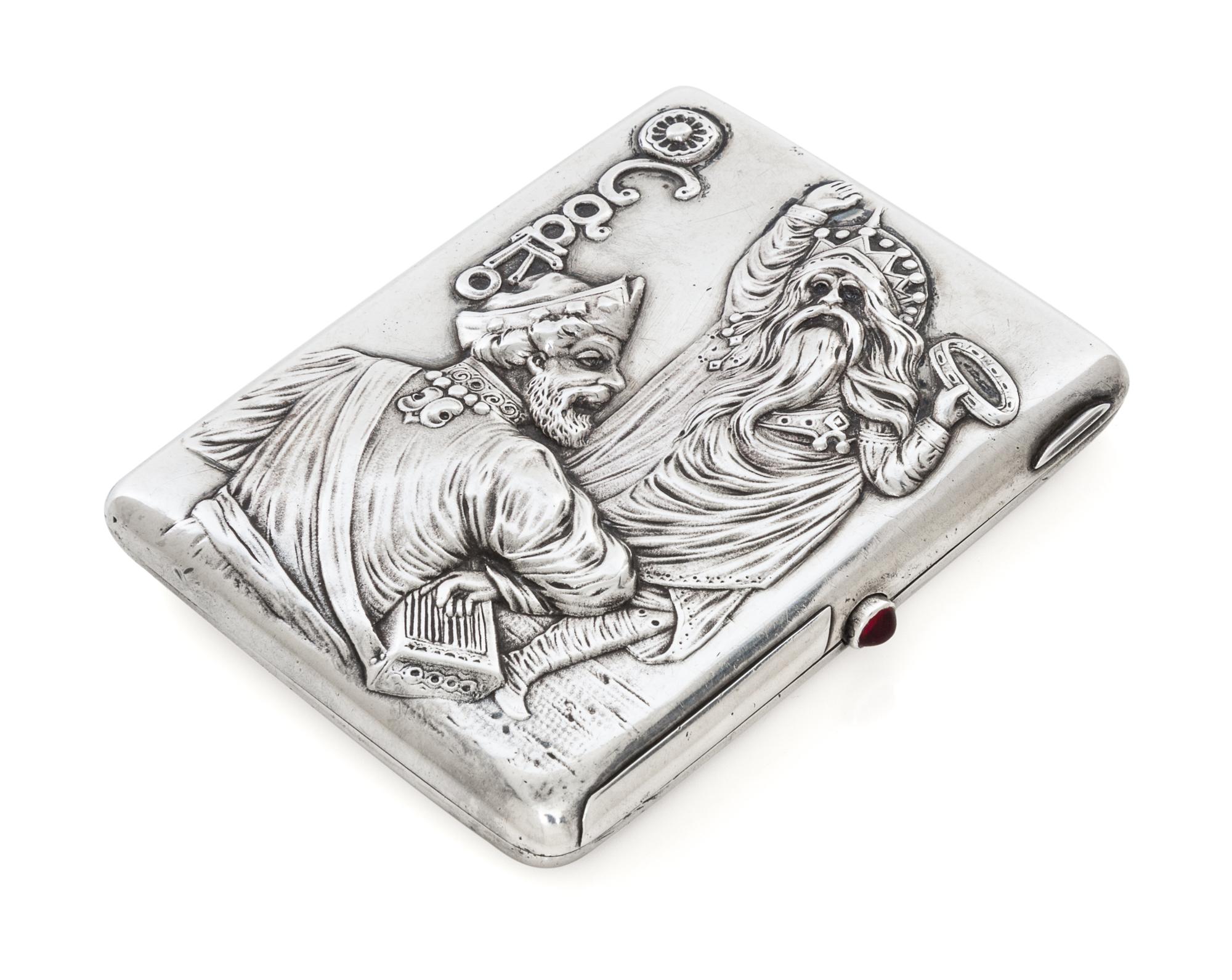 A Russian Silver Cigarette Case, Maker's mark Cyrillic GR, Moscow, early 20th century, the lid depicting the story of Sadko playing an