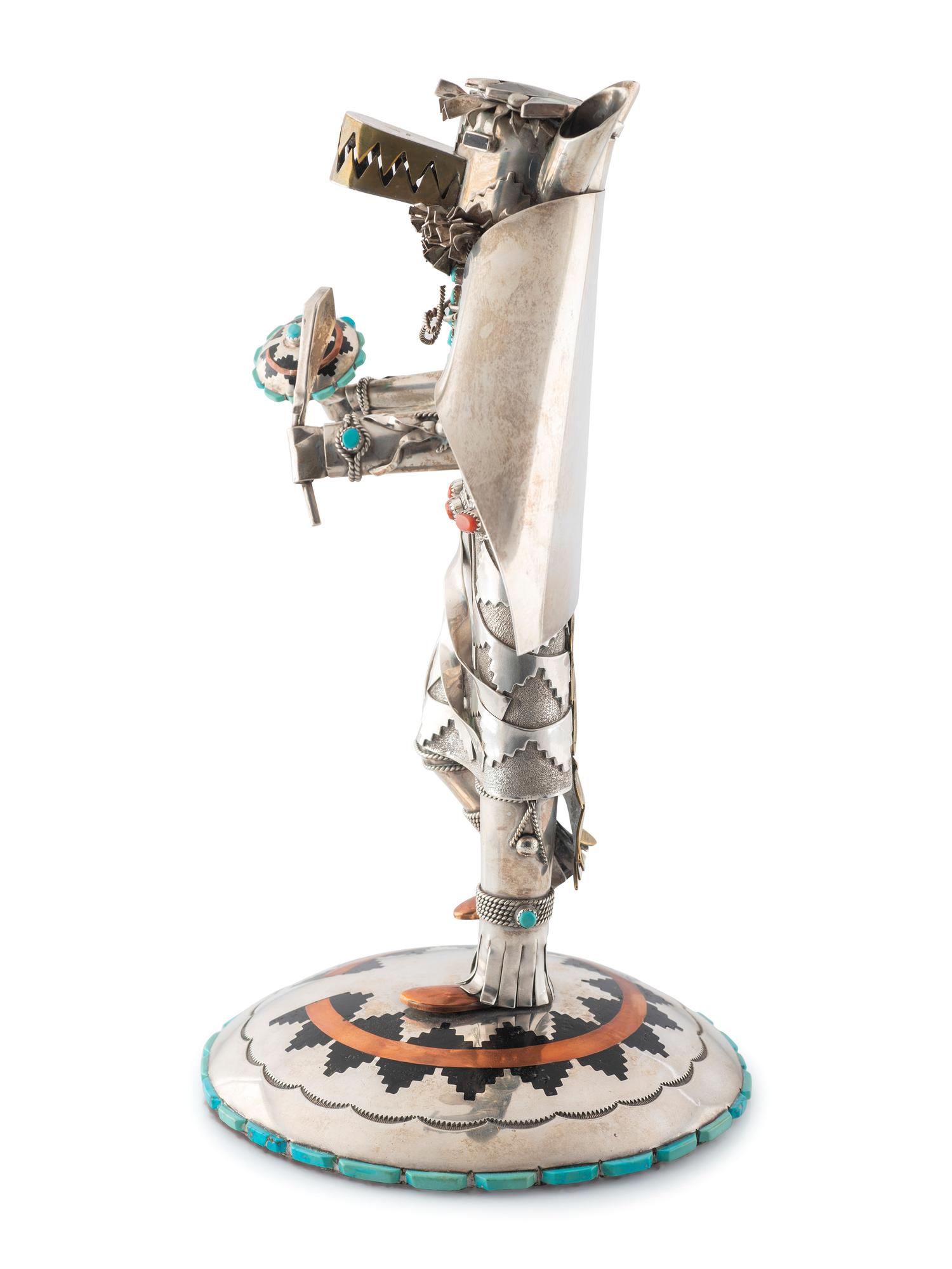 Navajo Silver Katsina, with Turquoise, Coral, Brass, and Copper Accents