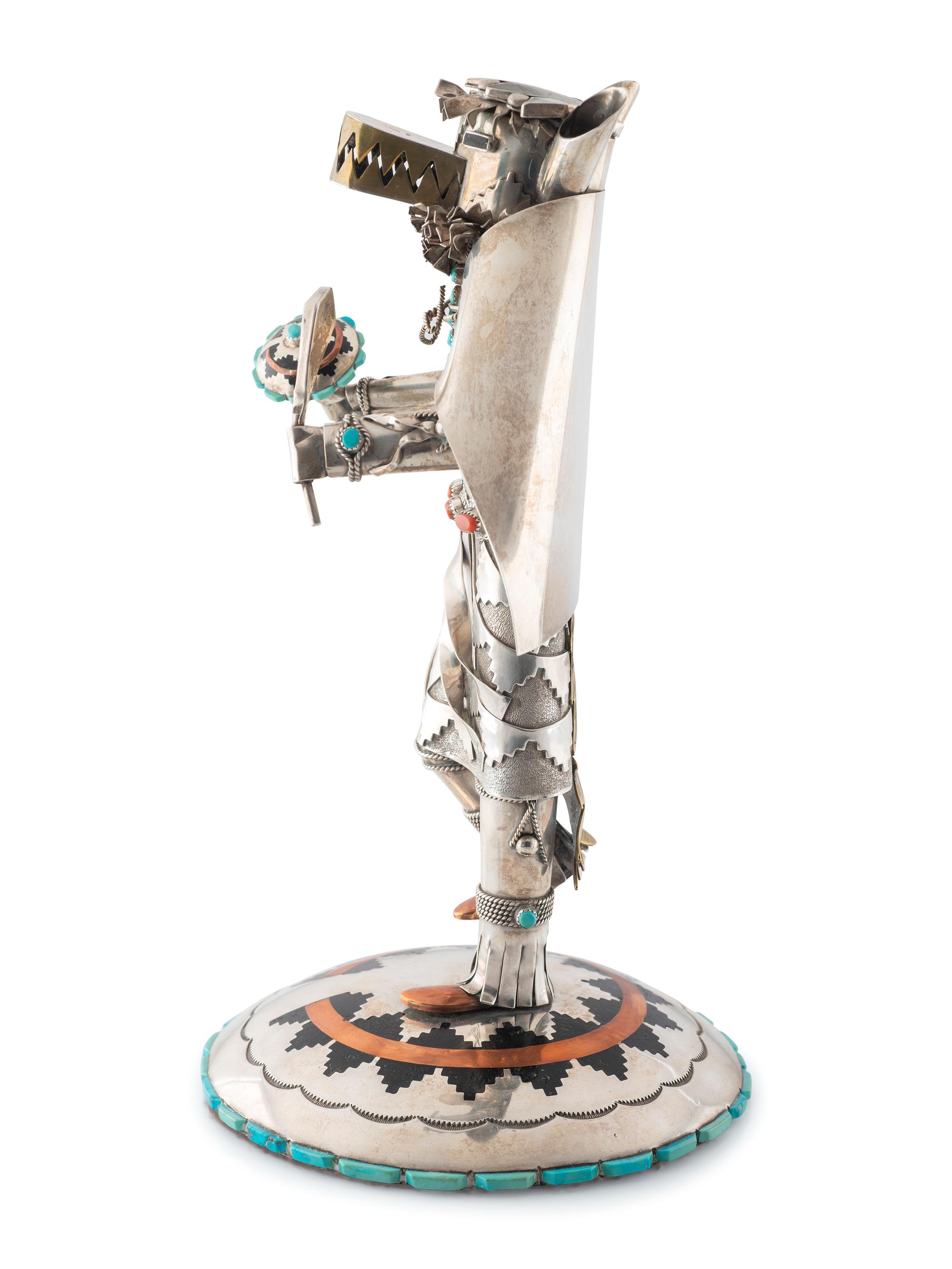 Navajo Silver Katsina, with Turquoise, Coral, Brass, and Copper Accents