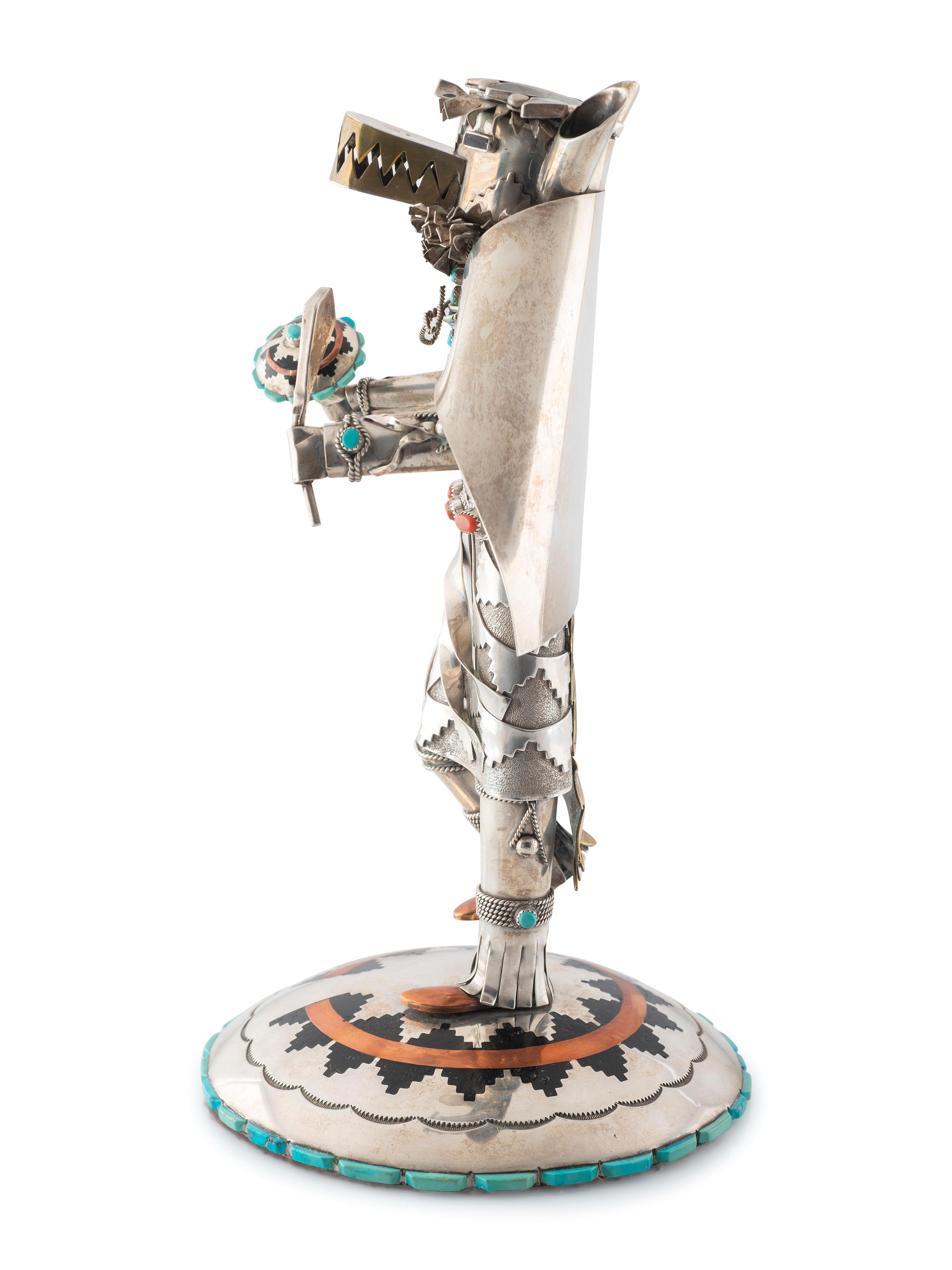 Navajo Silver Katsina, with Turquoise, Coral, Brass, and Copper Accents