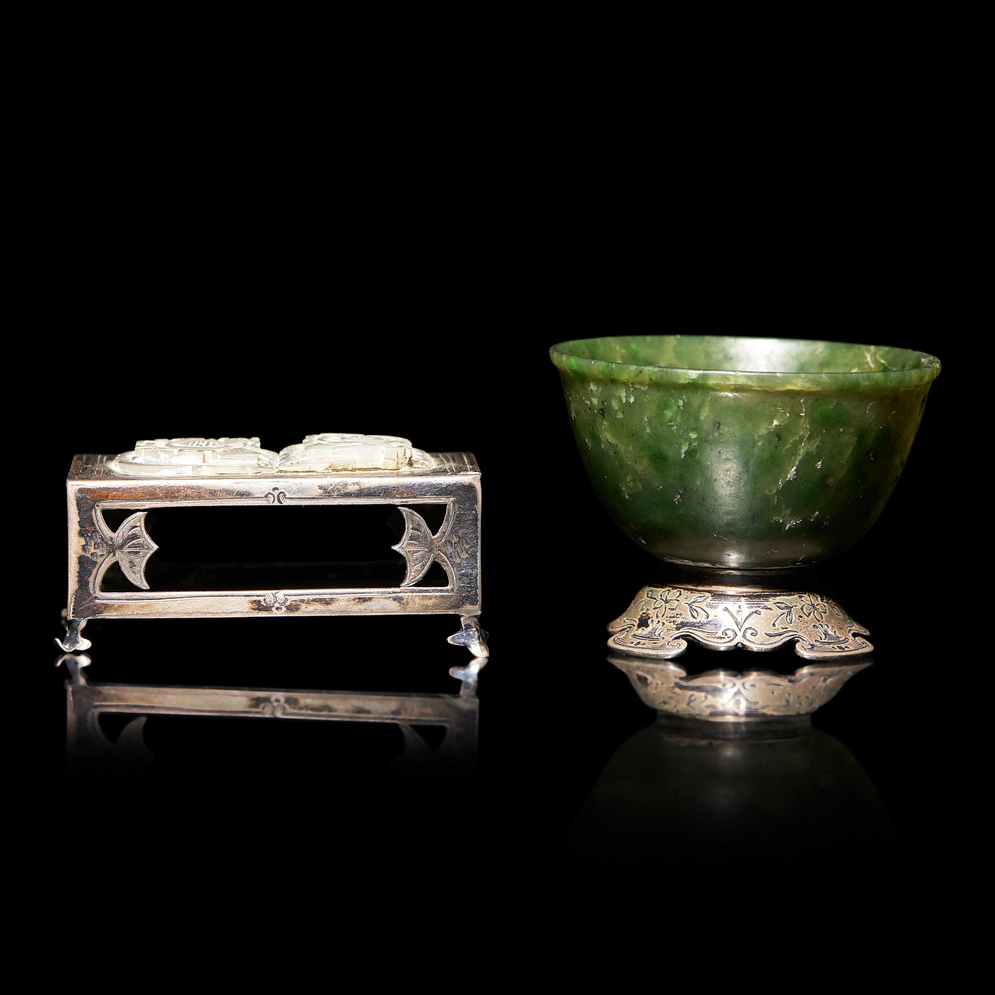 Two Chinese Silver Mounted Jade Articles 銀鑲玉把件兩種
