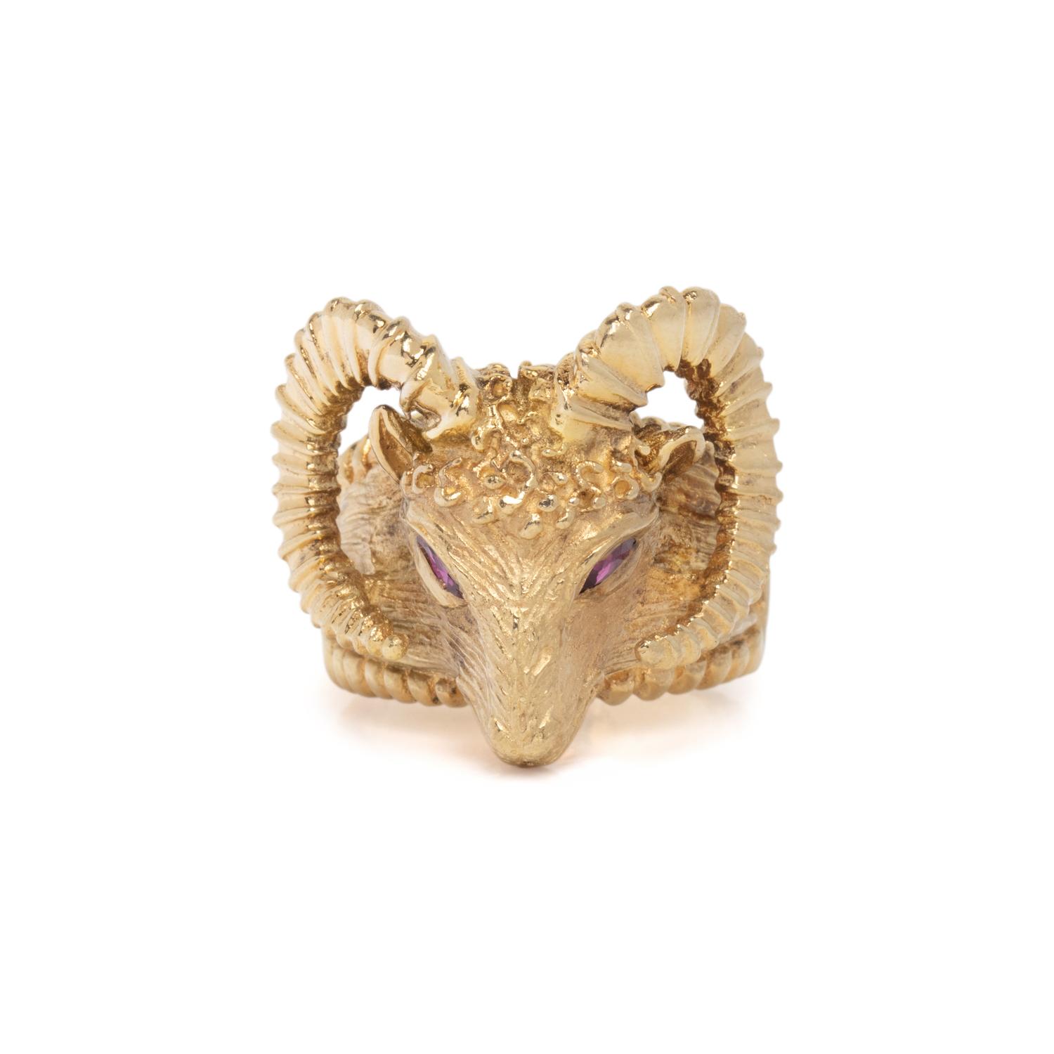 YELLOW GOLD AND RUBY RAM'S HEAD RING