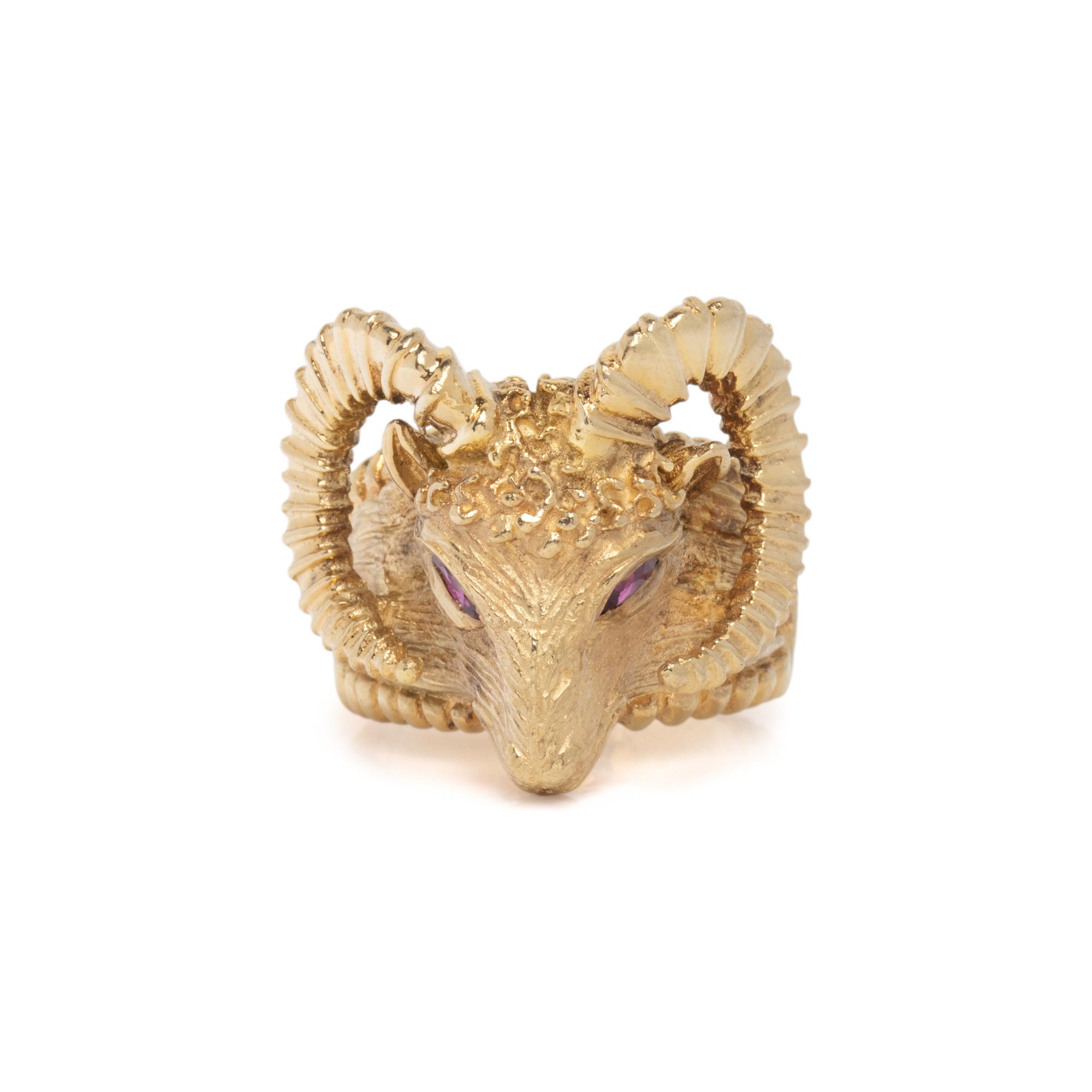 YELLOW GOLD AND RUBY RAM'S HEAD RING