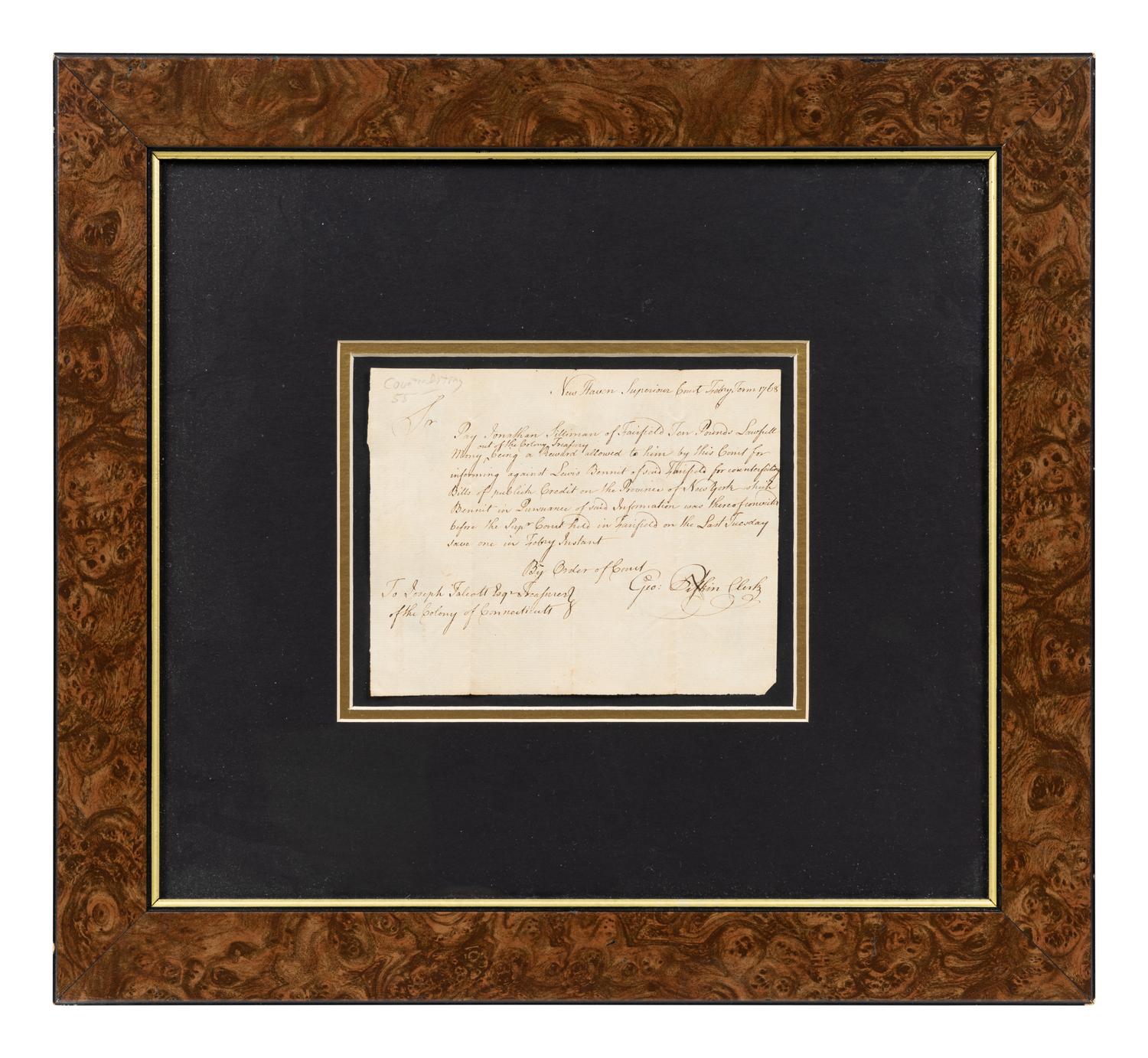 PITKIN, George (d.1806). Document signed ("Geo Pitkin Clerk"). New Haven, February 1768.