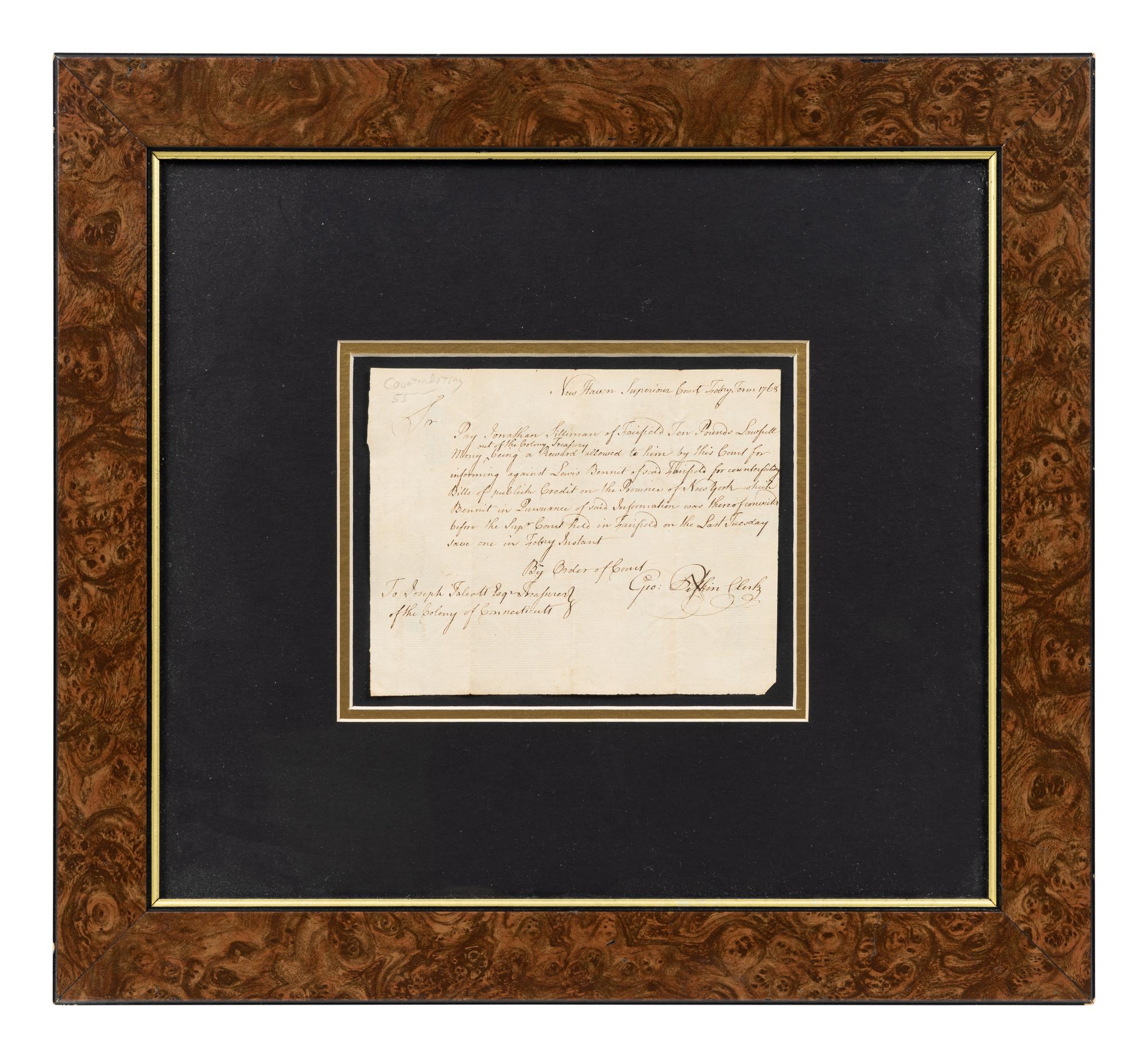 PITKIN, George (d.1806). Document signed ("Geo Pitkin Clerk"). New Haven, February 1768.