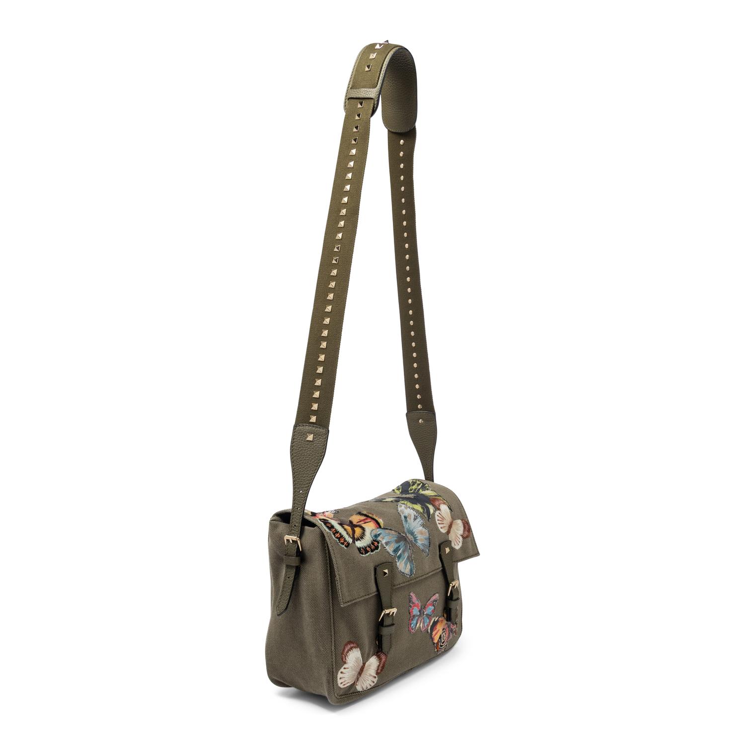 VALENTINO, ROCKSTUD BUTTERFLY CANVAS MESSENGER BAG