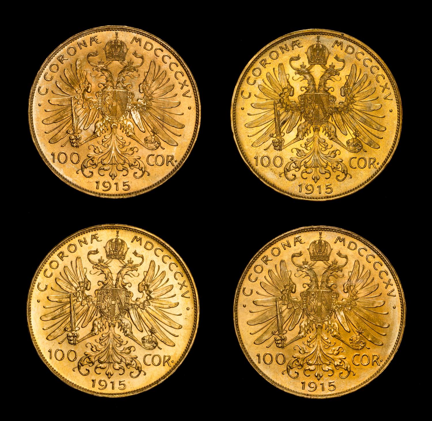 A Set of Four Austrian 100 Corona Gold Coins