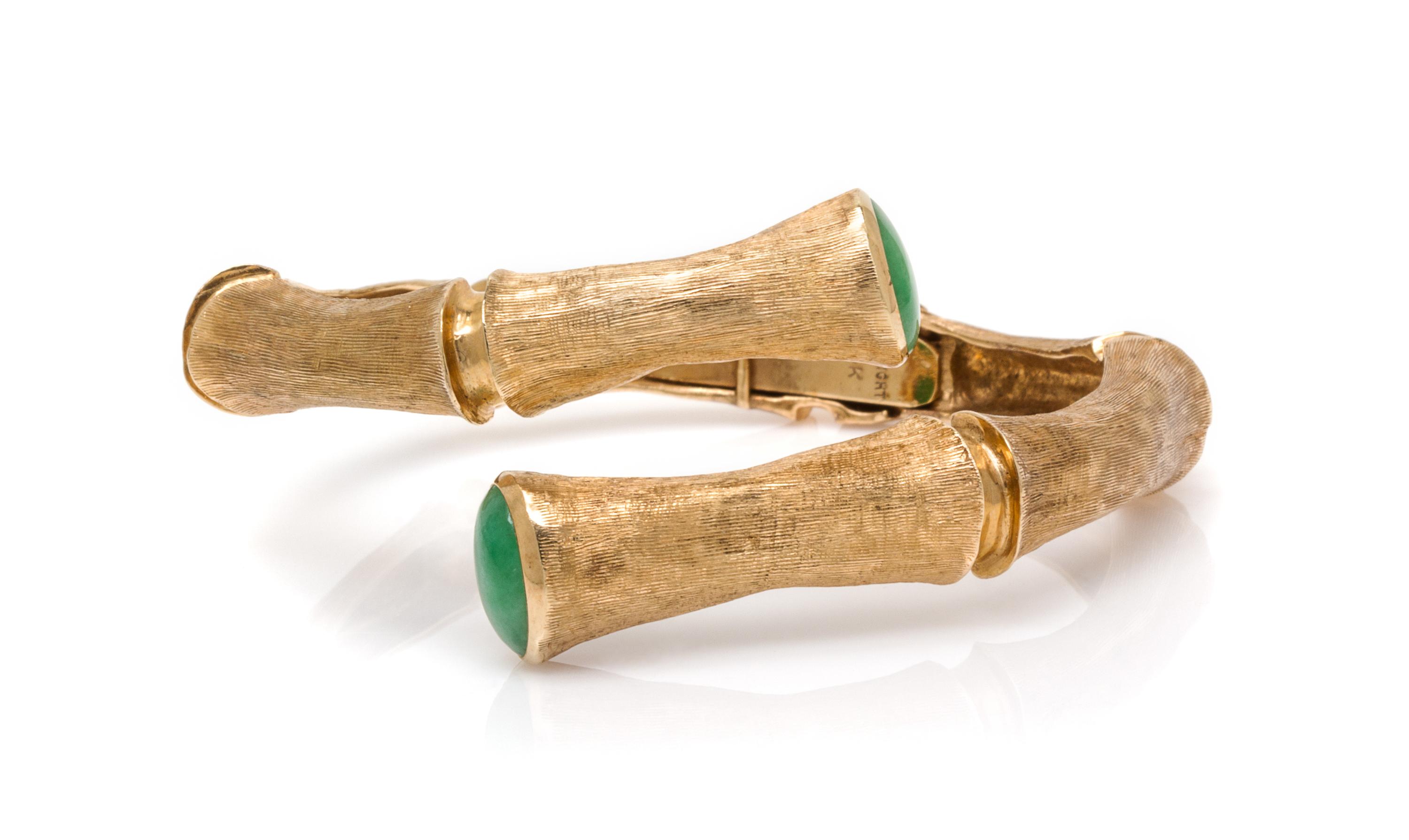 A 14 Karat Yellow Gold and Jade Bamboo Motif Bypass Bracelet, 19.10 dwts.