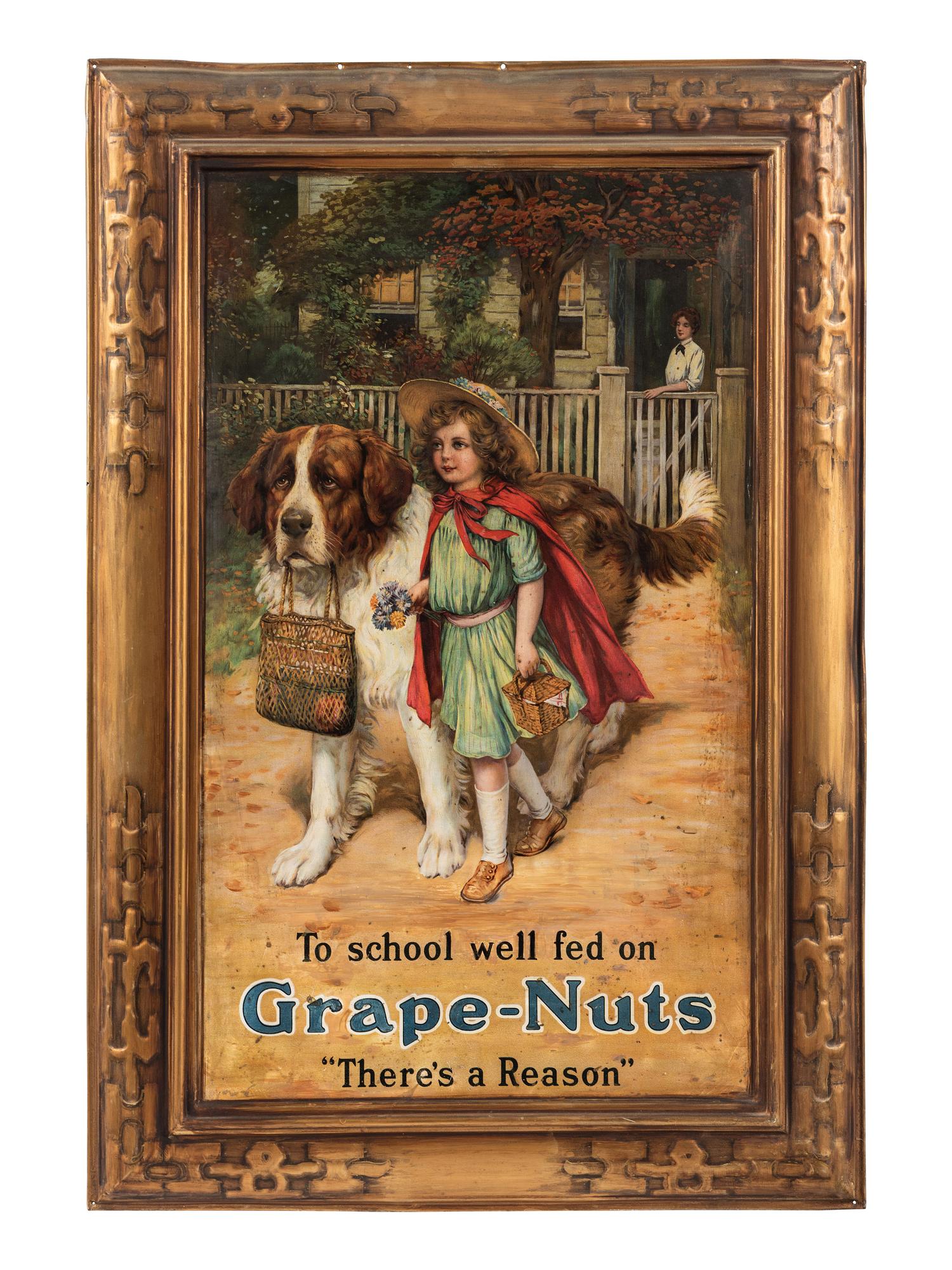 A Tin Lithograph Self Framed 'Grape Nuts' Sign