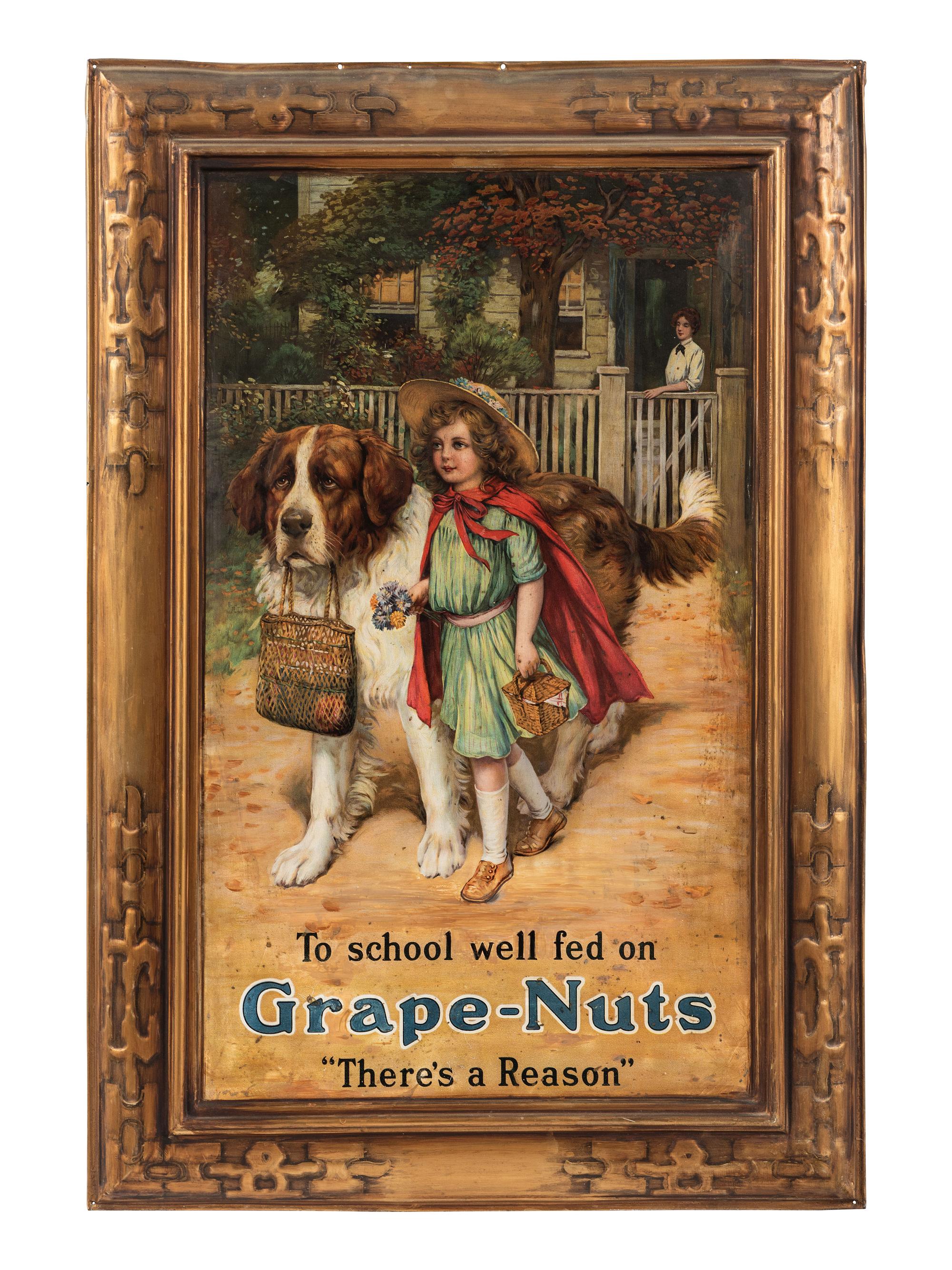 A Tin Lithograph Self Framed 'Grape Nuts' Sign