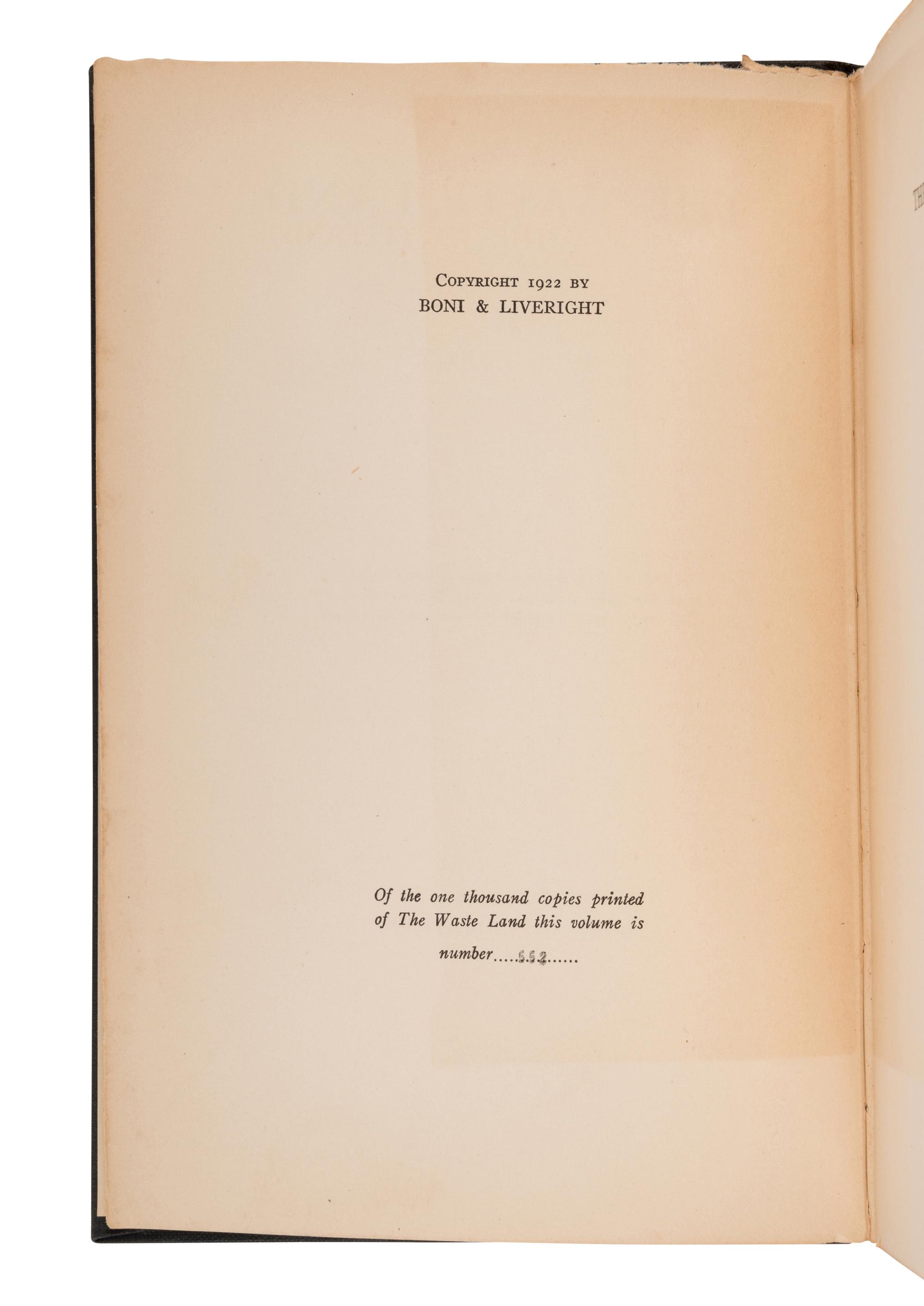 ELIOT, T.S. (1888-1945). The Waste Land. New York: Boni & Liveright, 1922.