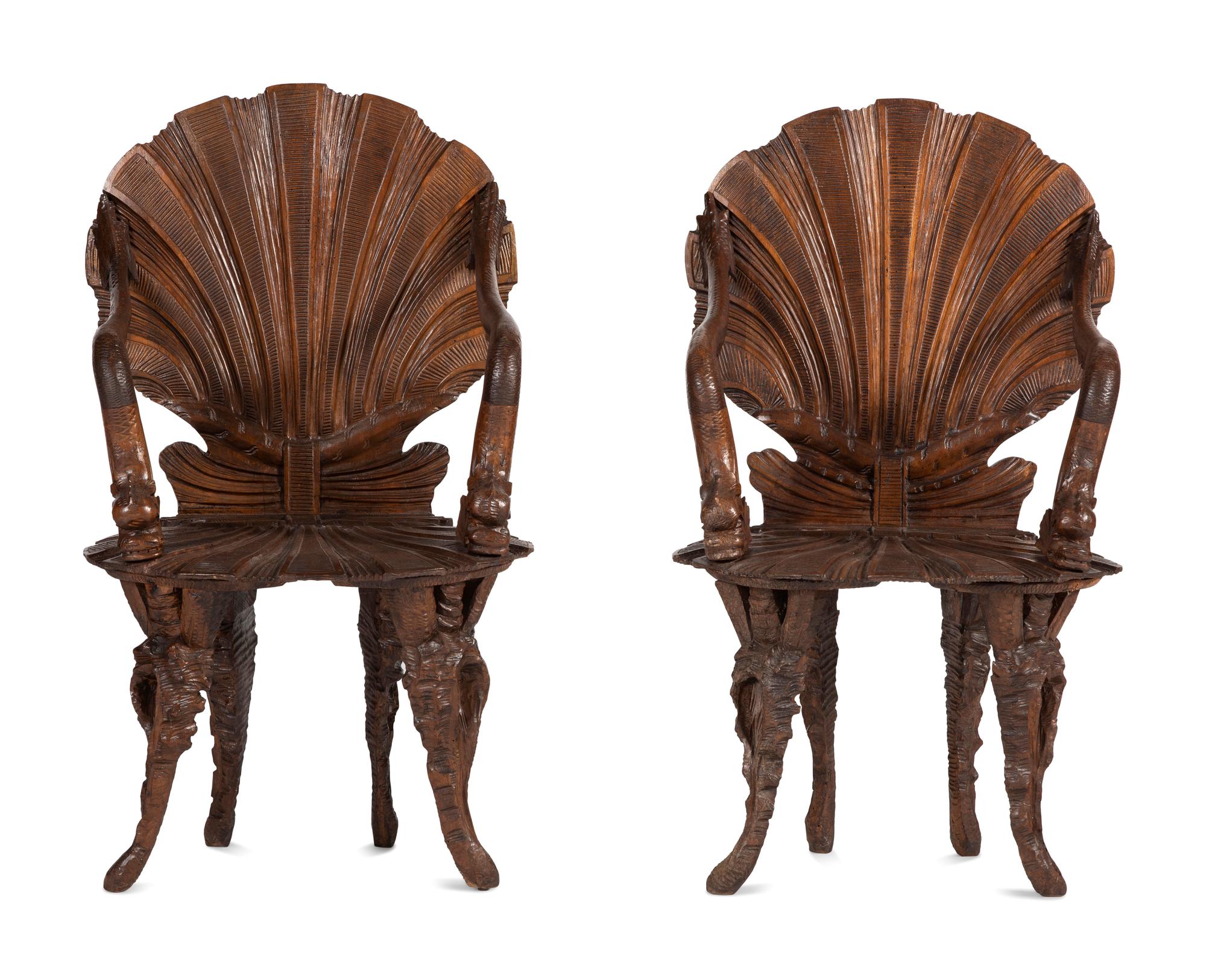 A Pair of Venetian Shell-and-Dolphin Carved Walnut Grotto Armchairs