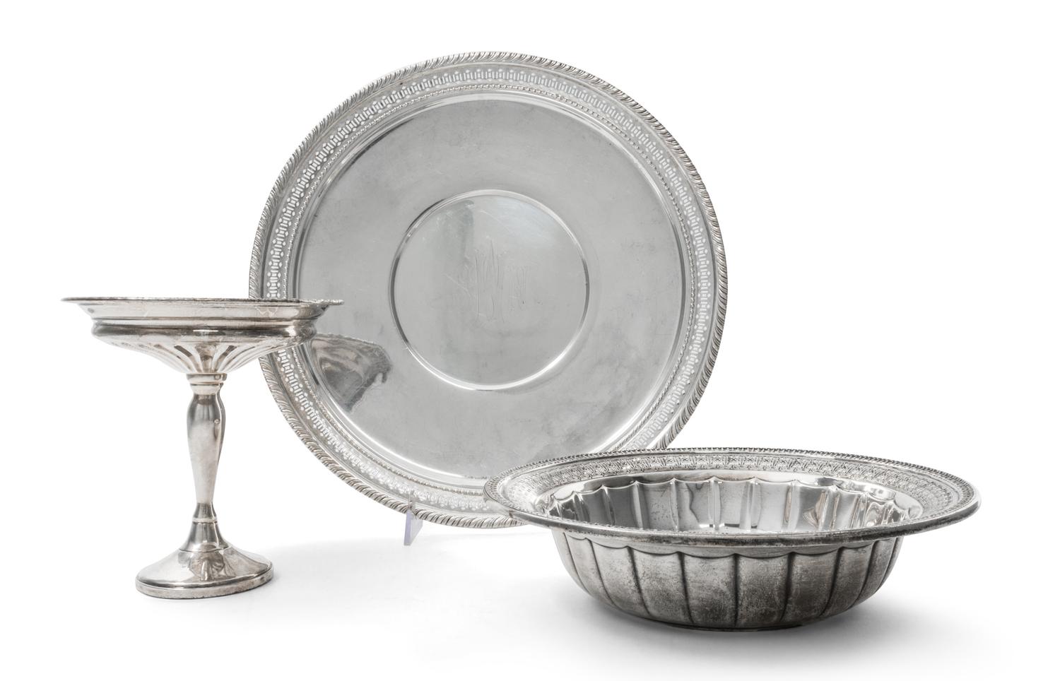 Three American Silver Articles, Various Makers, comprising a weighted compote and a circular tray with an SNW monogram, both M. Fred Hi