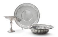 Three American Silver Articles, Various Makers, comprising a weighted compote and a circular tray with an SNW monogram, both M. Fred Hi