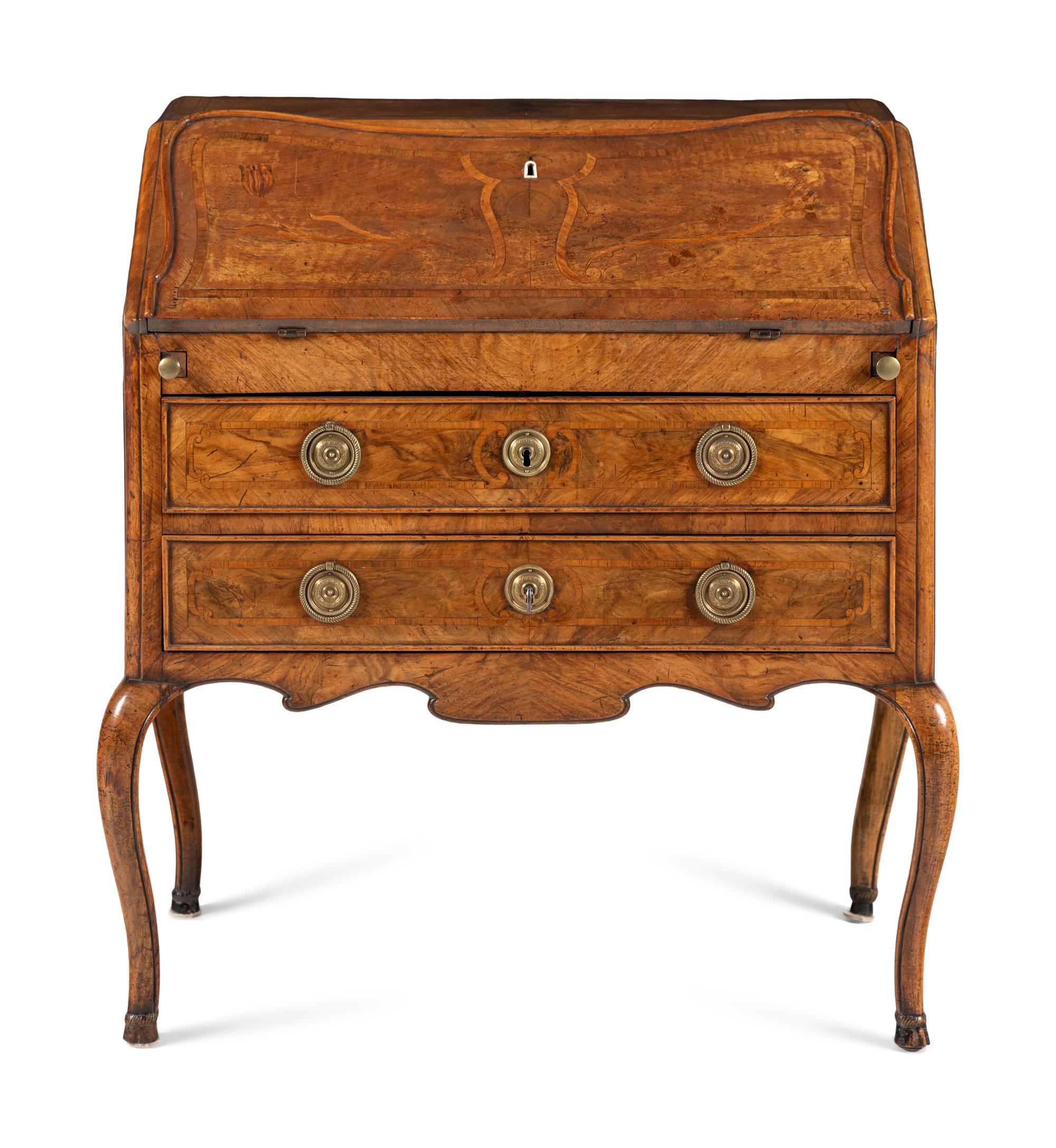 An Italian Walnut and Marquetry Slant-Front Bureau