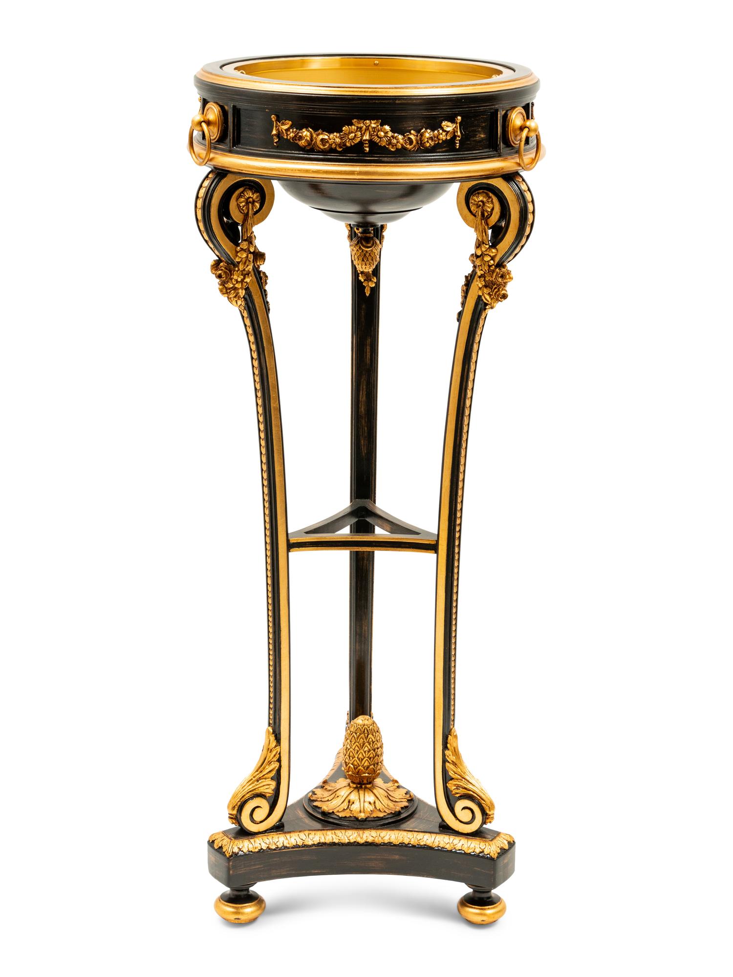 A Napoleon III Style Parcel Gilt and Ebonized Jardiniere and Flat Top Pedestal Stand
