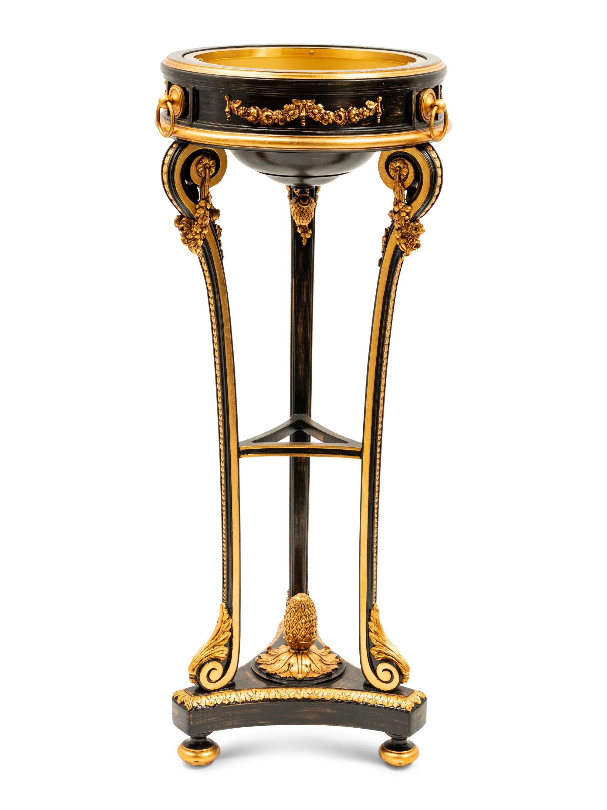 A Napoleon III Style Parcel Gilt and Ebonized Jardiniere and Flat Top Pedestal Stand