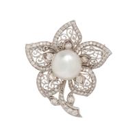 CULTURED PEARL AND DIAMOND FLOWER BROOCH
