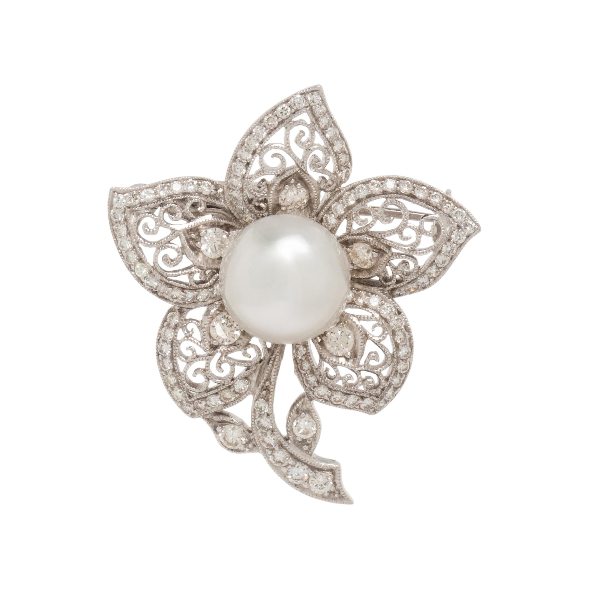CULTURED PEARL AND DIAMOND FLOWER BROOCH