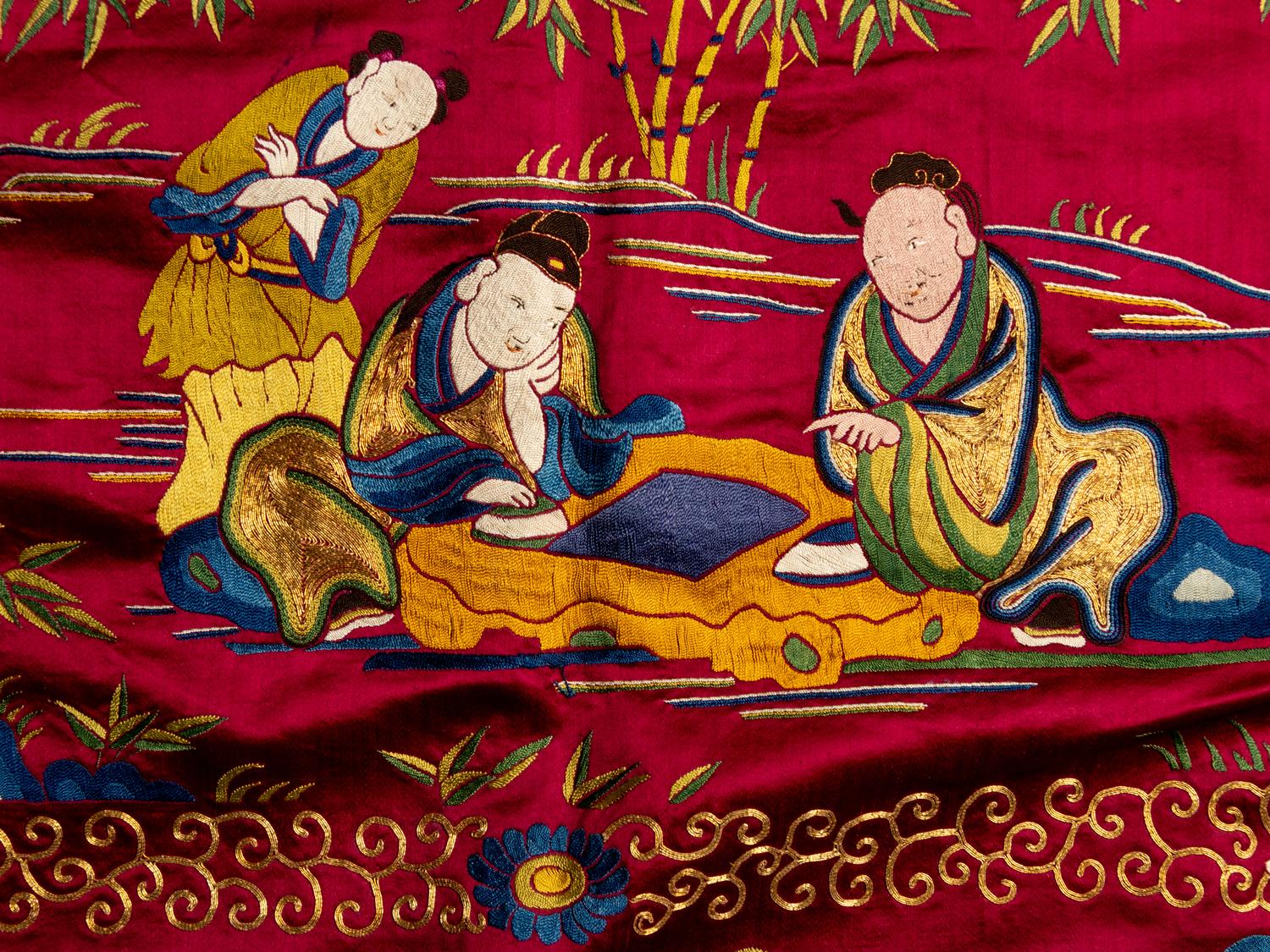 An Impressively Large Chinese Burgundy Ground Embroidered Silk 'Birthday' Wall Panel, Dated 1868 清同治七年（1868） 絳紅緞綉賀壽圖大挂屏