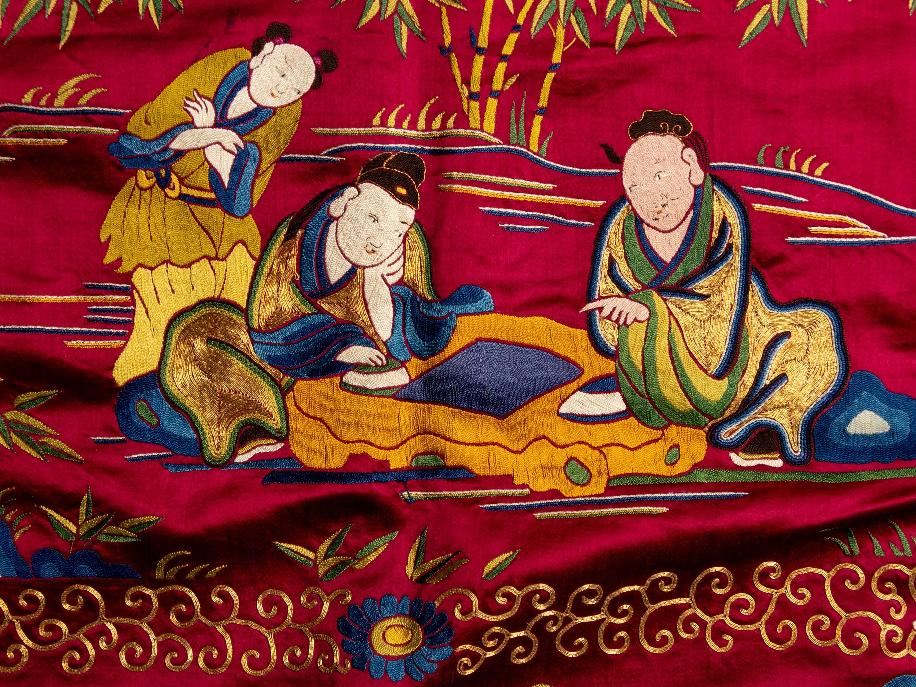 An Impressively Large Chinese Burgundy Ground Embroidered Silk 'Birthday' Wall Panel, Dated 1868 清同治七年（1868） 絳紅緞綉賀壽圖大挂屏