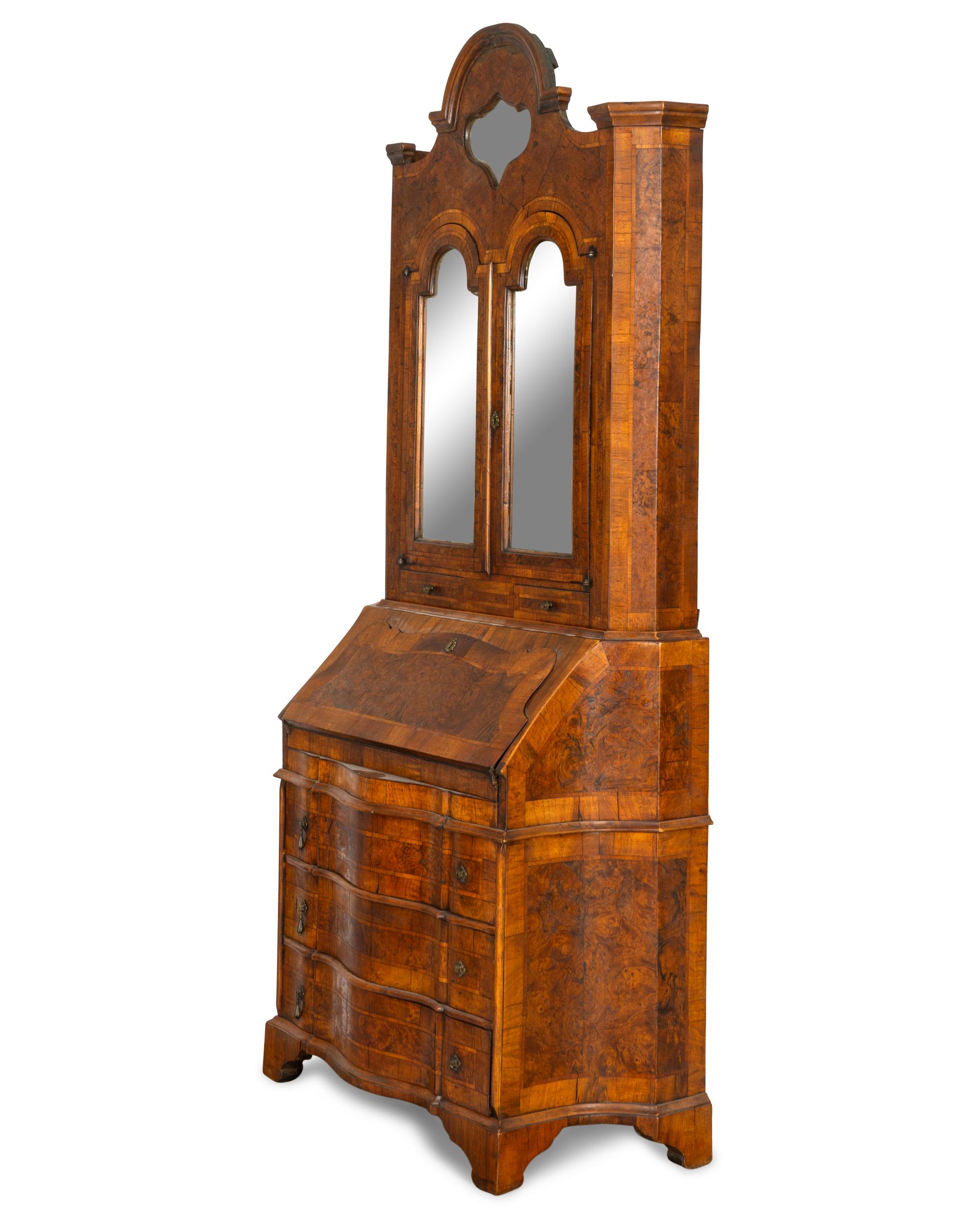 A Continental Burl Walnut Parquetry Bureau Bookcase