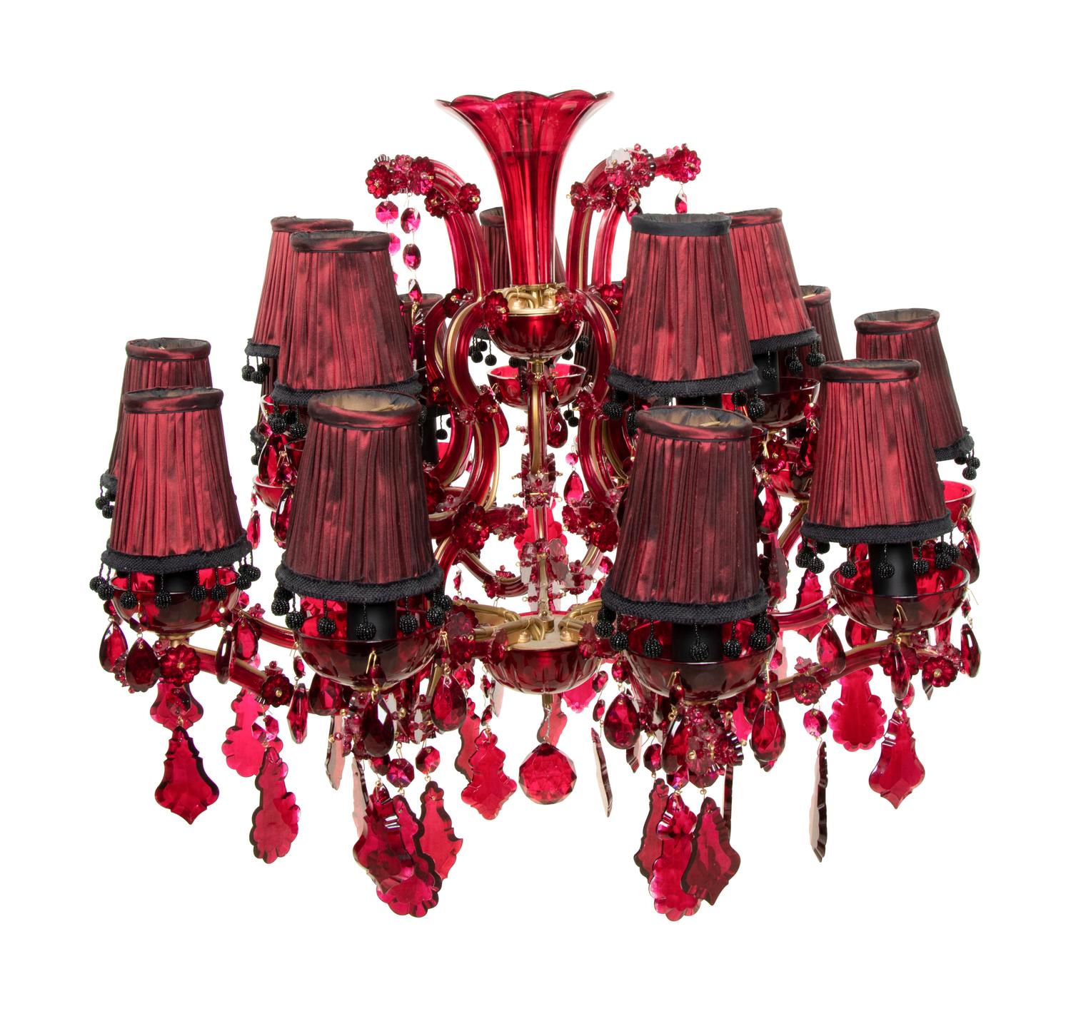 A Cranberry Glass Fifteen-Light Chandelier