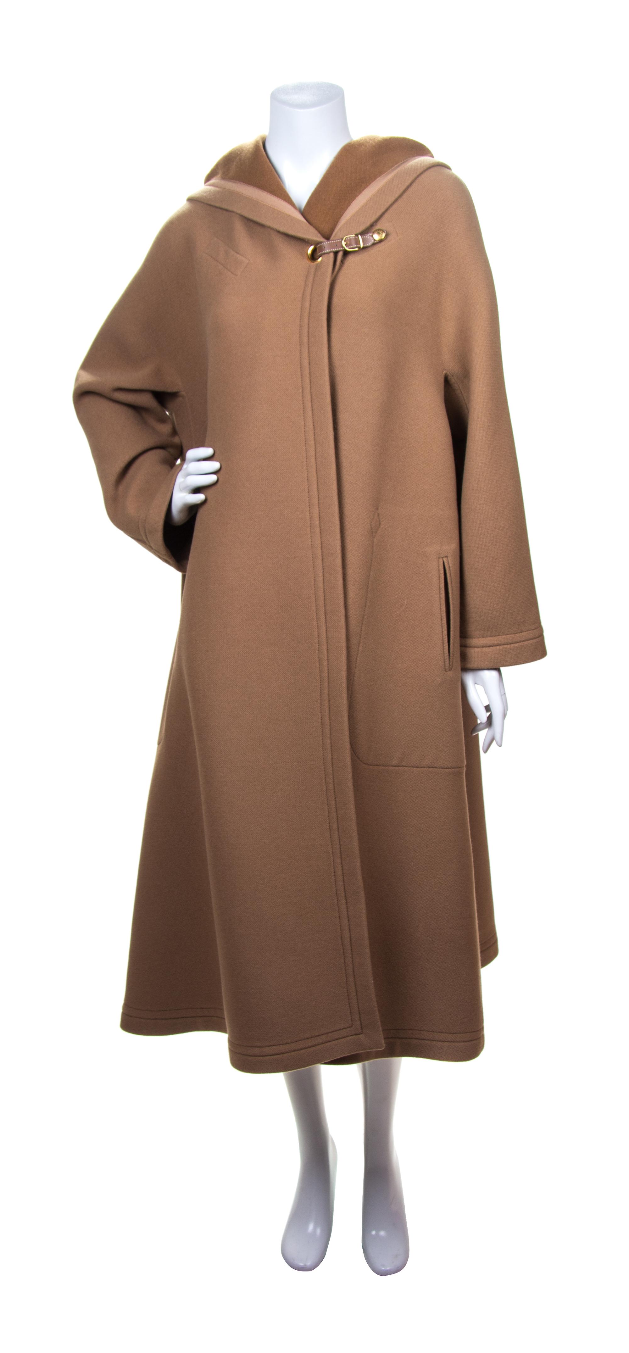 An Hermes Tan Wool Hooded Coat, Size 42.