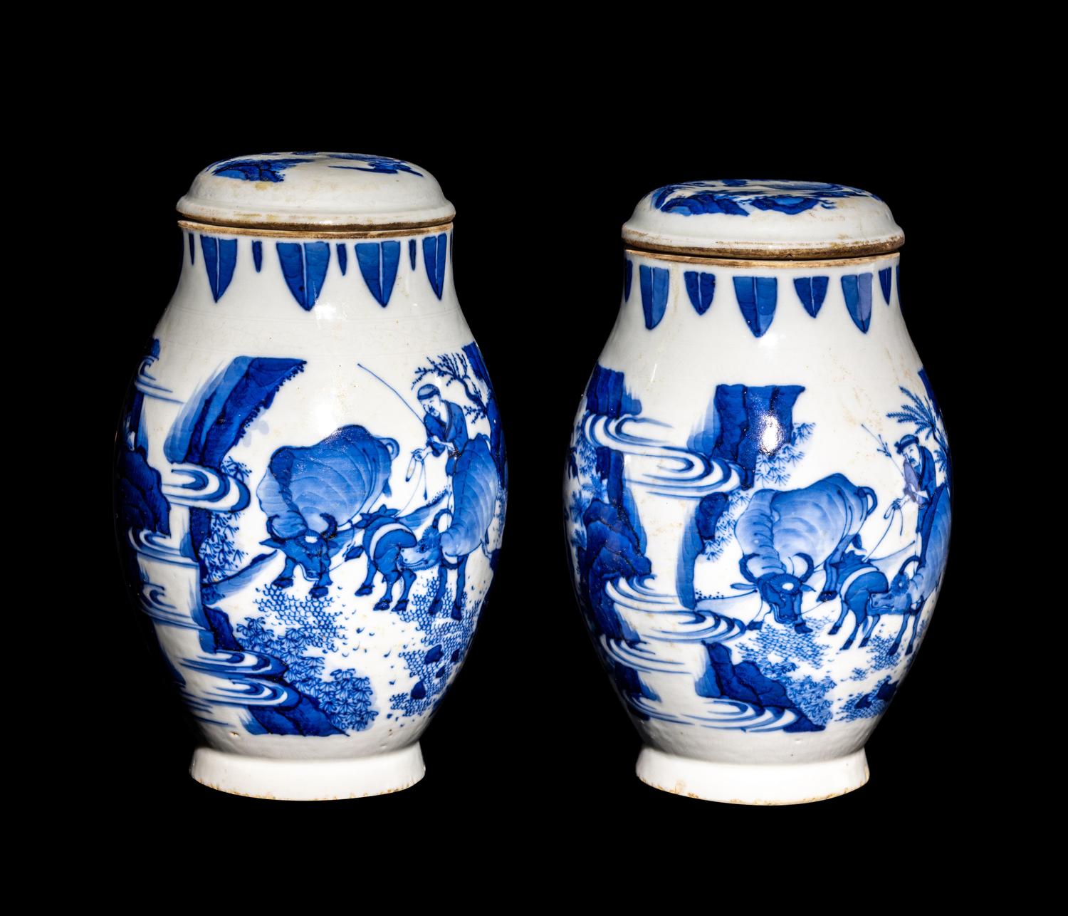 A Matched Pair of Chinese Blue and White Porcelain Covered Jars