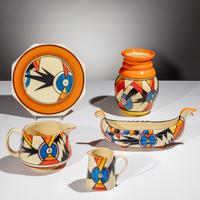 Clarice Cliff (English, 1899–1972) — Lightning pattern, 5 pieces