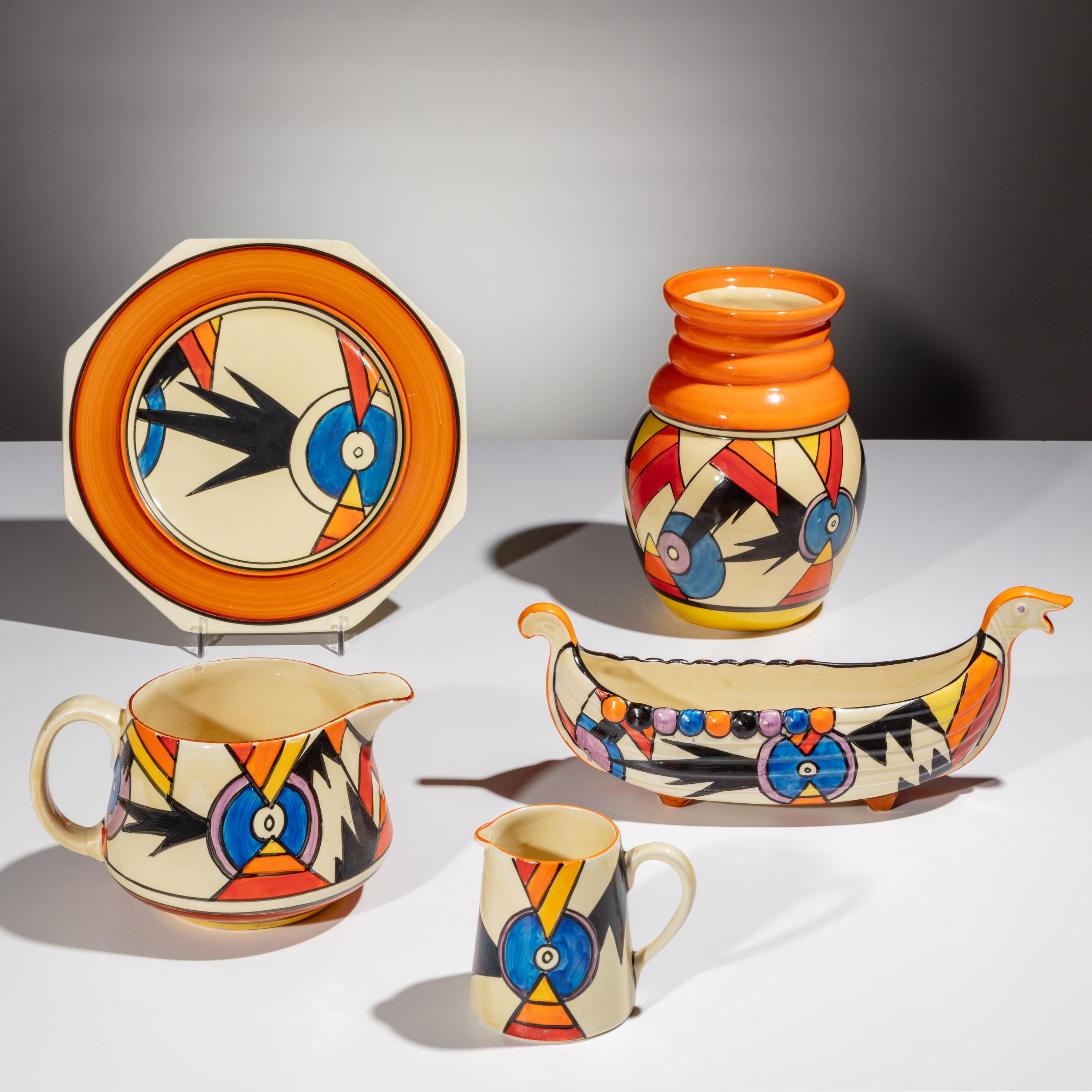 Clarice Cliff (English, 1899–1972) — Lightning pattern, 5 pieces