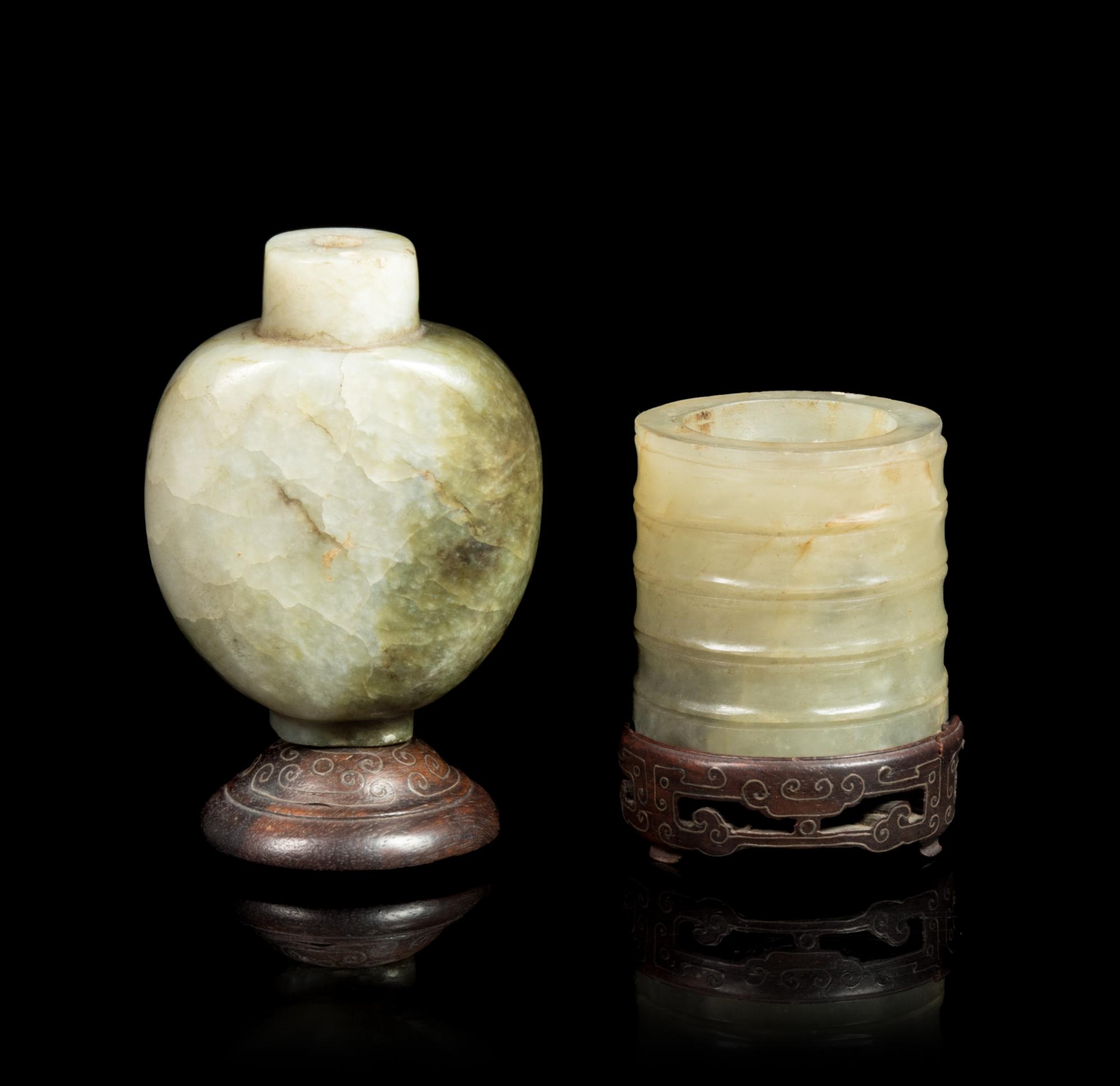 Two Chinese Celadon Jade Articles Height of larger 2 1/4 inches.