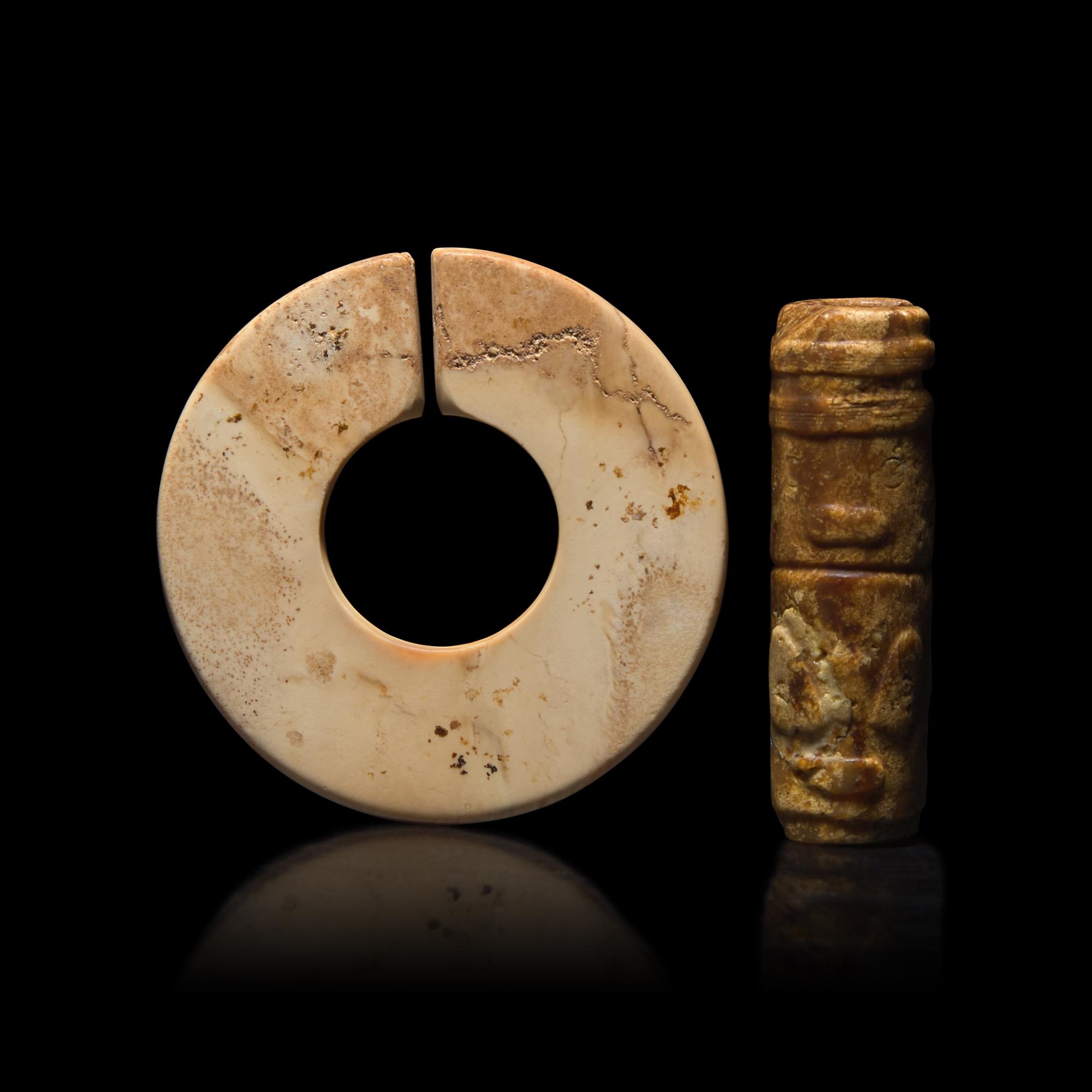 An Archaic Chinese Jade Pendant with Mask, Liangzhu Culture, and a Jade Jue, Western Zhou 良渚文化神人獸面紋玉勒及西周玉玨各一