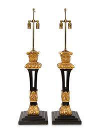 A Pair of Victorian Black-Painted and Parcel Gilt Table Lamps