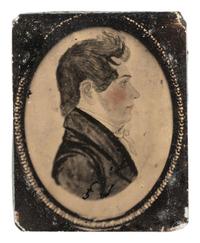 [EARLY PHOTOGRAPHY]. Two cased images of paintings, highlighted by a ninth plate ambrotype of a miniature portrait by Rufus Porter (1792-1884).