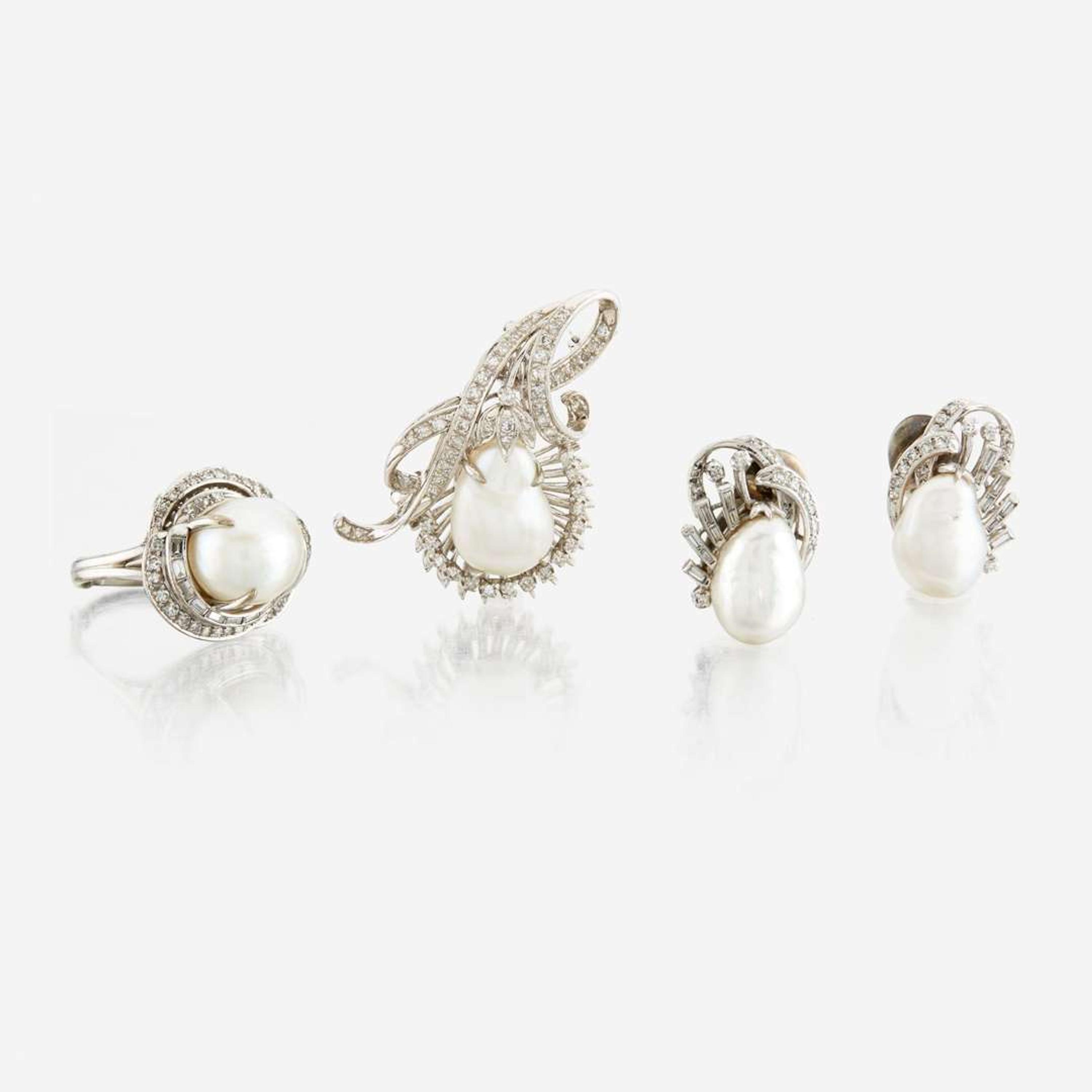 A suite of white gold, cultured pearl, and diamond jewelry