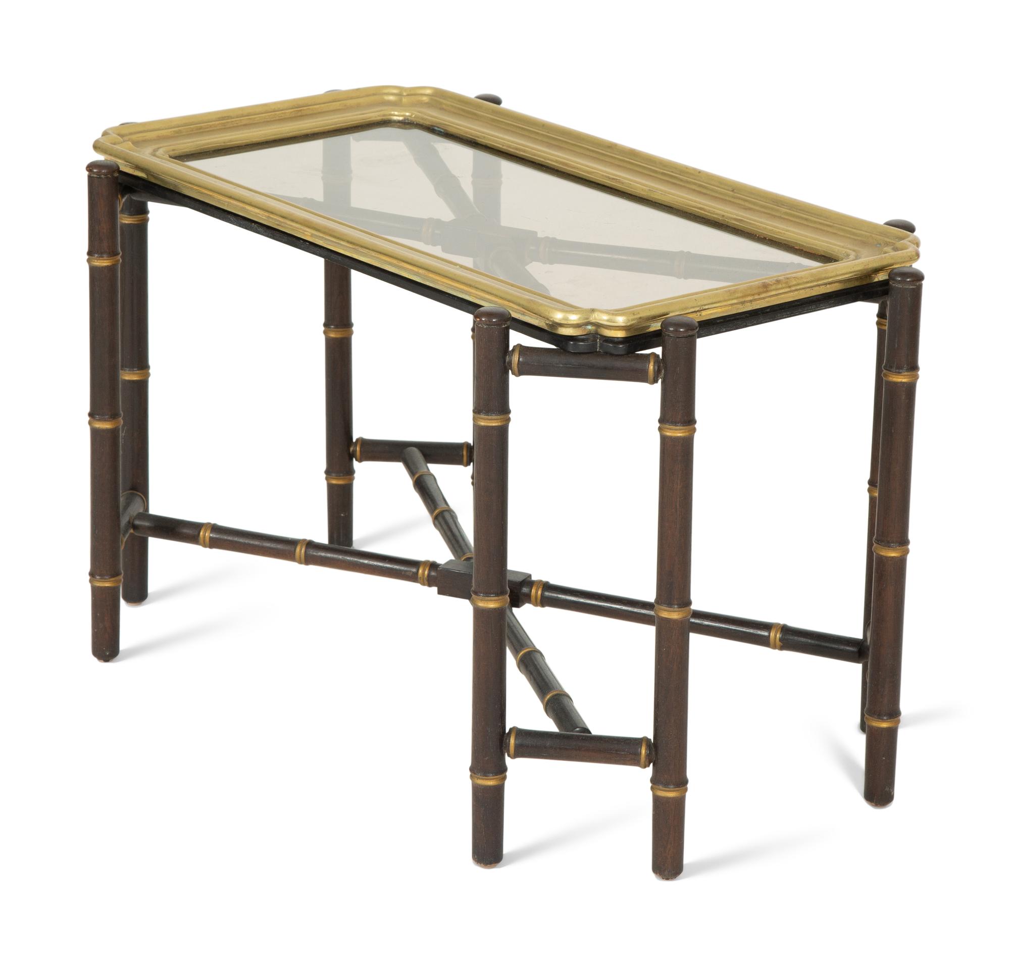 A Brass-Mounted Black and Gilt Lacquer Tray Top Table and Stand