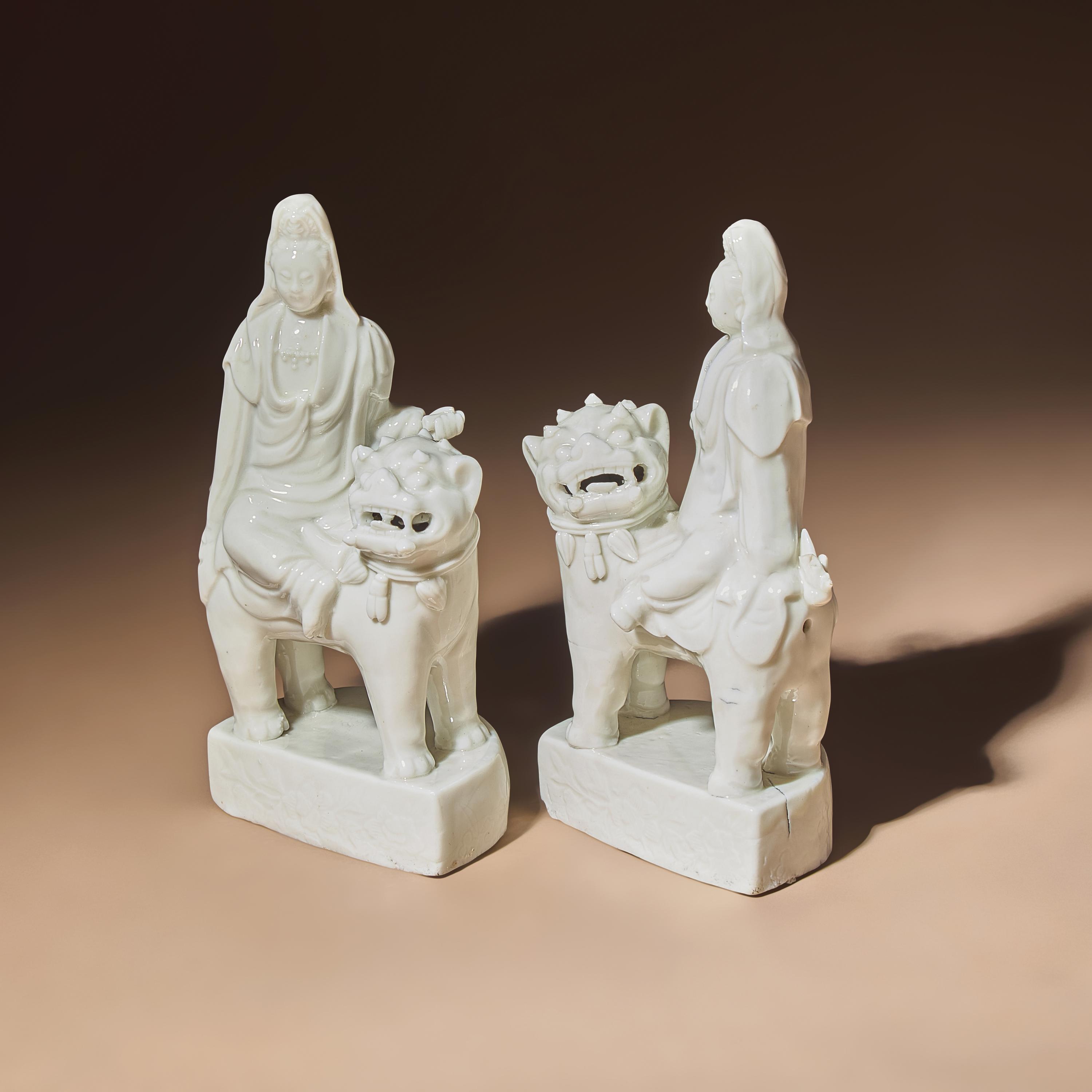 A Matched Pair of Chinese Blanc-de-Chine Figural Groups of Bodhisattva Manjushri Sitting on Fu Lion, Late 17th Century — 清早期 德化白瓷文殊菩薩一對