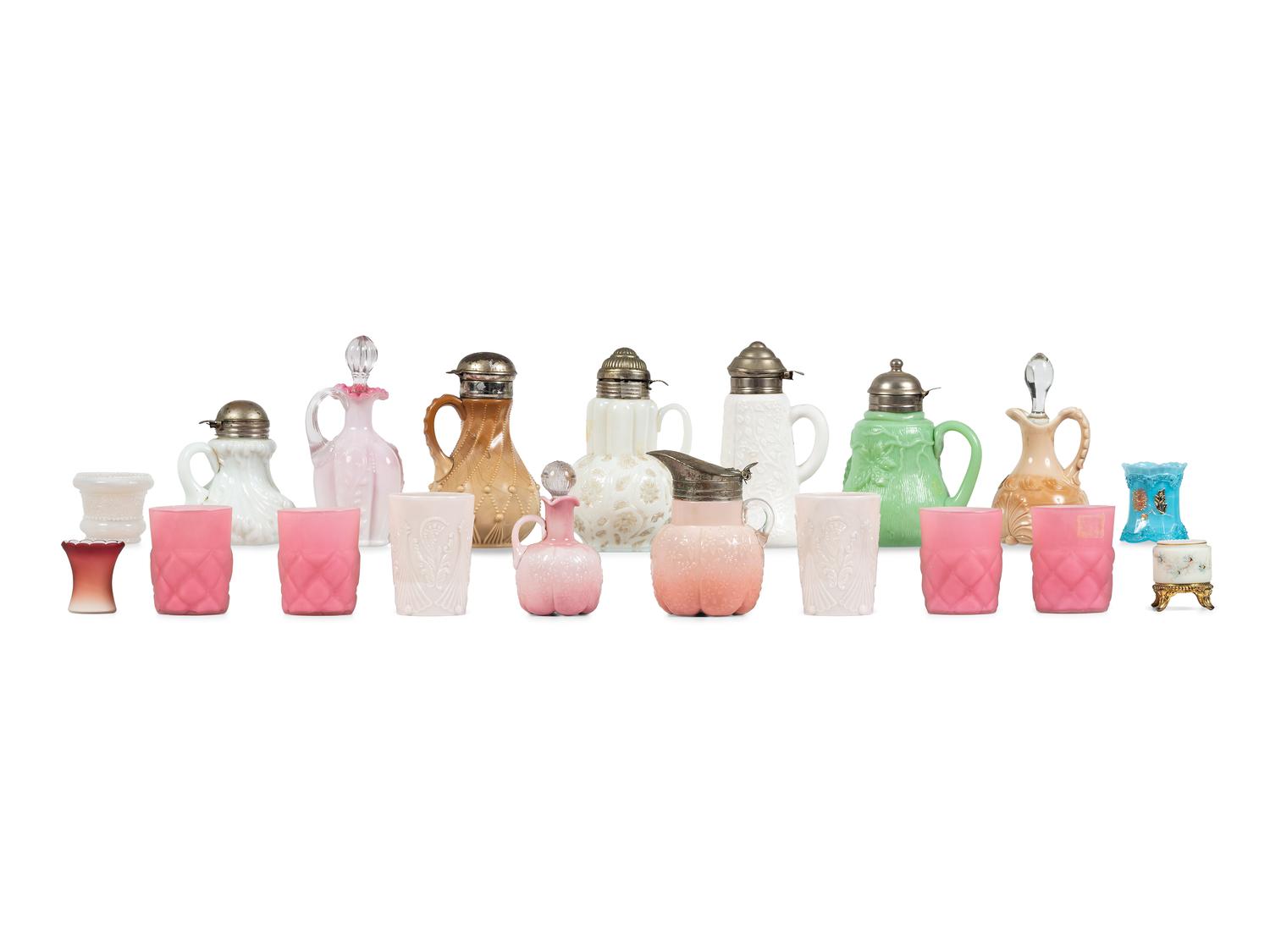 Nineteen Molded Glass Syrups, Cruets, Tumblers and Toothpick Holders
