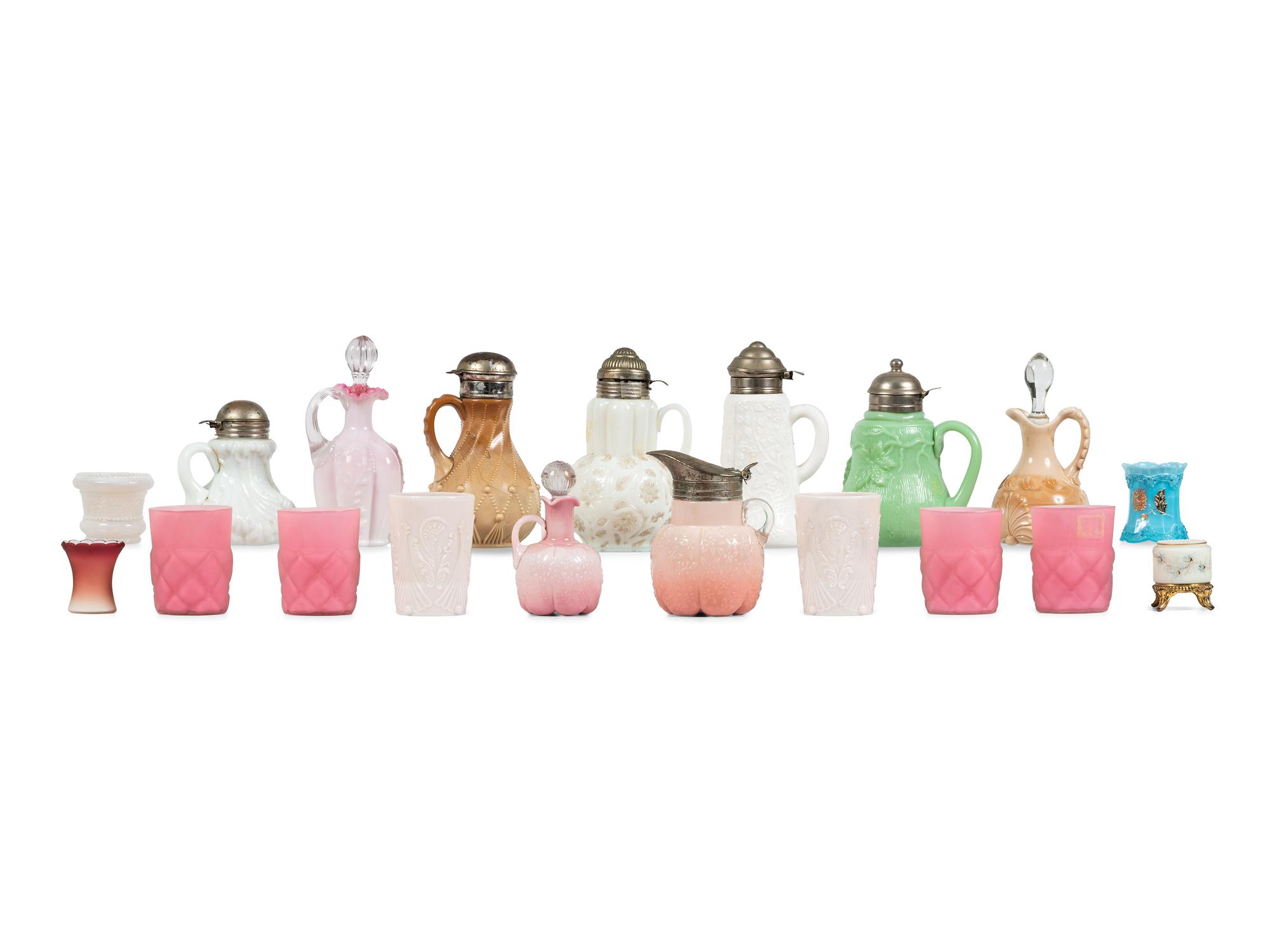 Nineteen Molded Glass Syrups, Cruets, Tumblers and Toothpick Holders