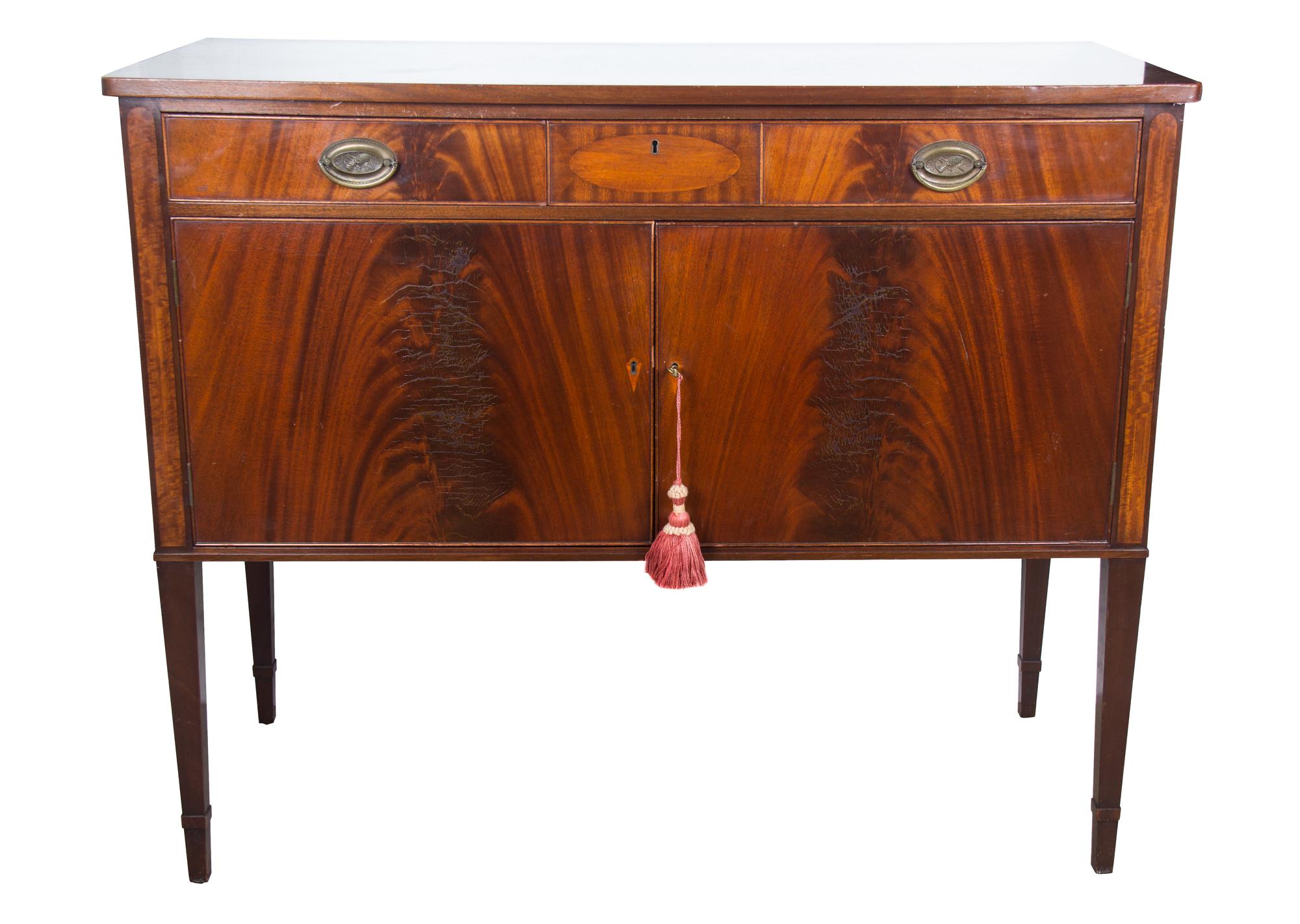 A George III Style Inlaid Mahogany Sideboard Height 39 x length 47 1/2 x depth 22 inches. — 20TH CENTURY