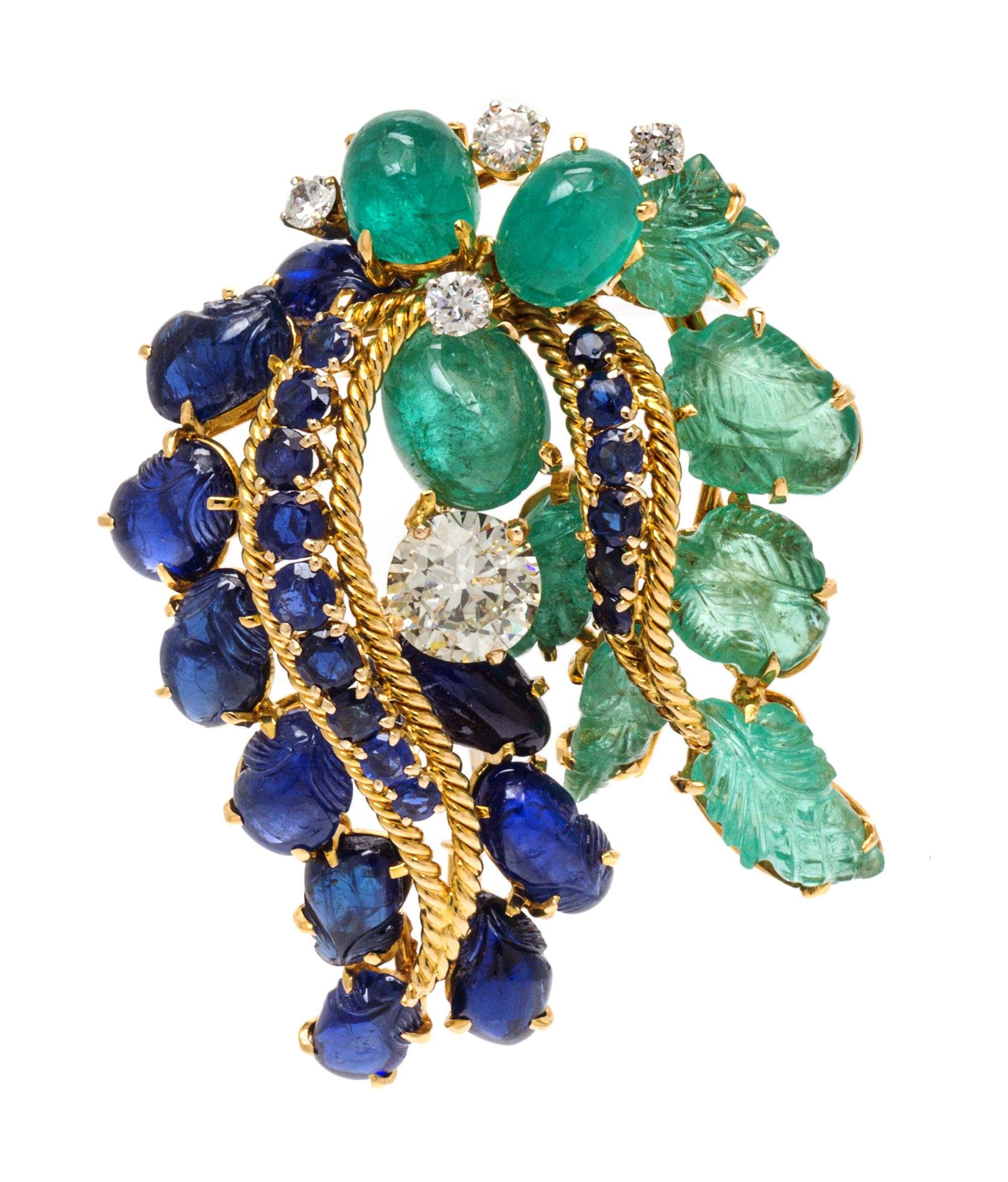 An 18 Karat Yellow Gold, Emerald, Sapphire and Diamond Brooch, David Webb, 17.00 dwts.