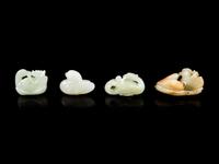 Four White and Celadon Jade Figures of Mandarin Duck
