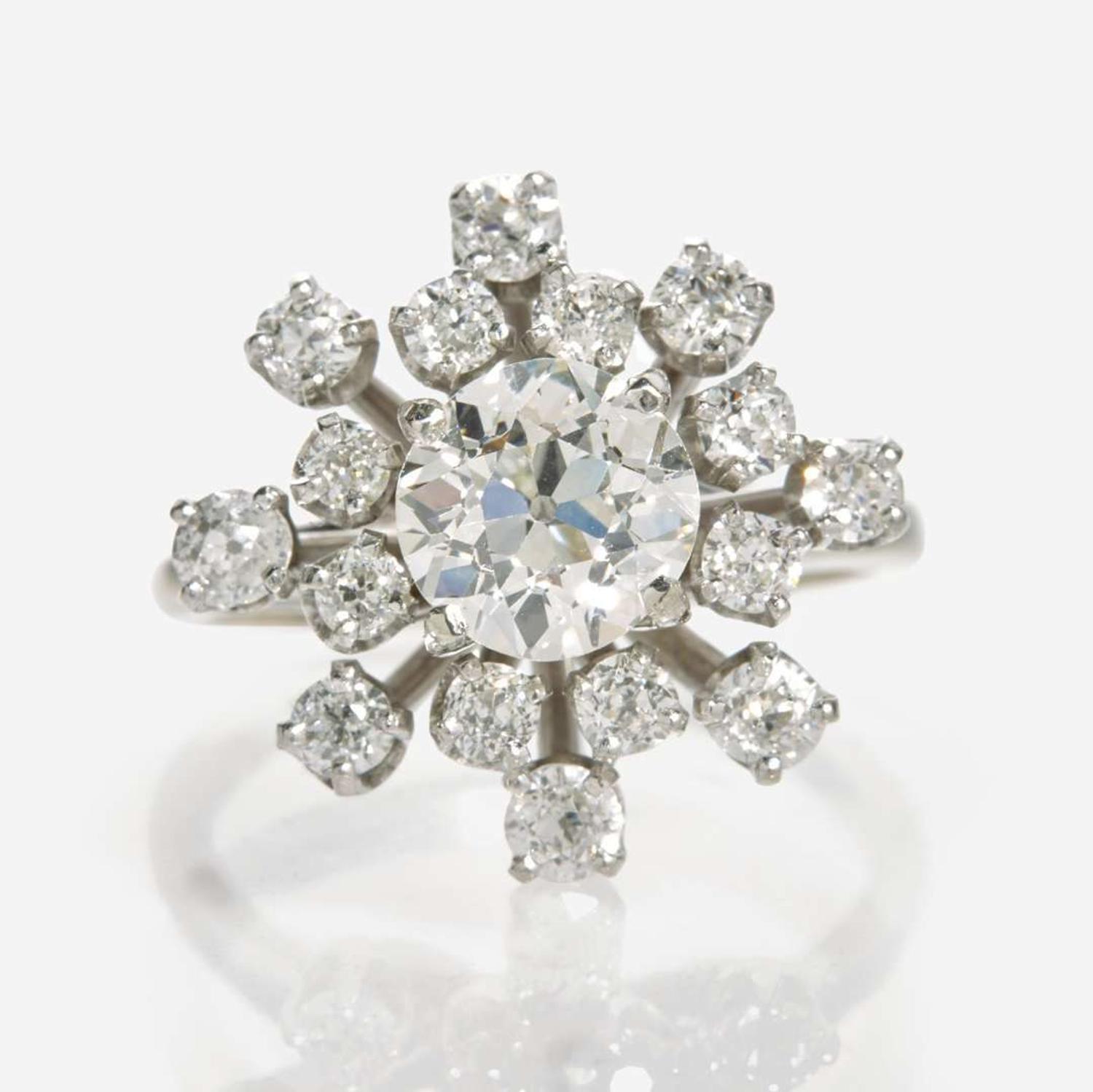 A Ladies 14K White Gold and Diamond Ring 1.44 Carat Old European Brilliant Diamond, GIA Certified