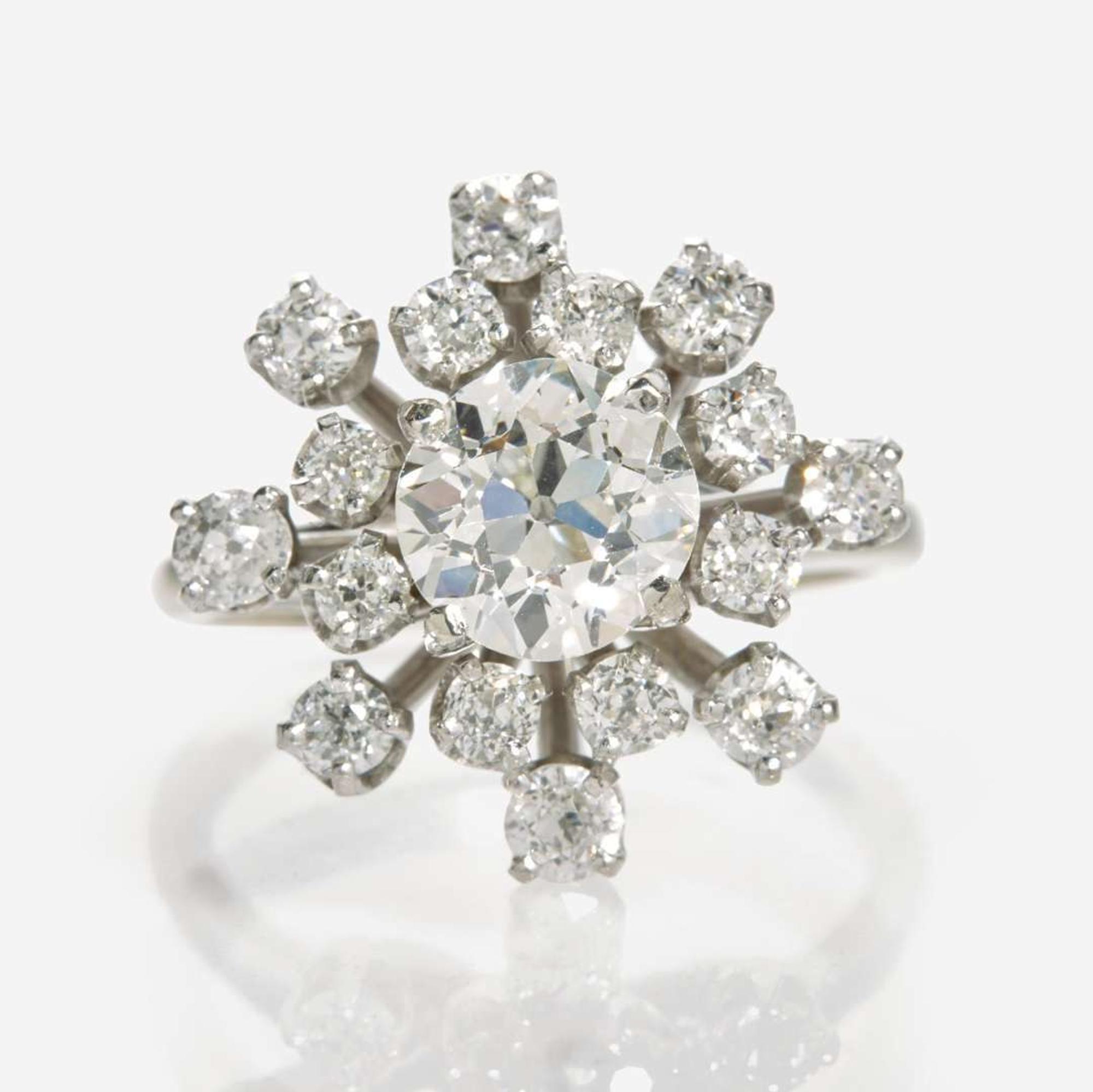 A Ladies 14K White Gold and Diamond Ring 1.44 Carat Old European Brilliant Diamond, GIA Certified