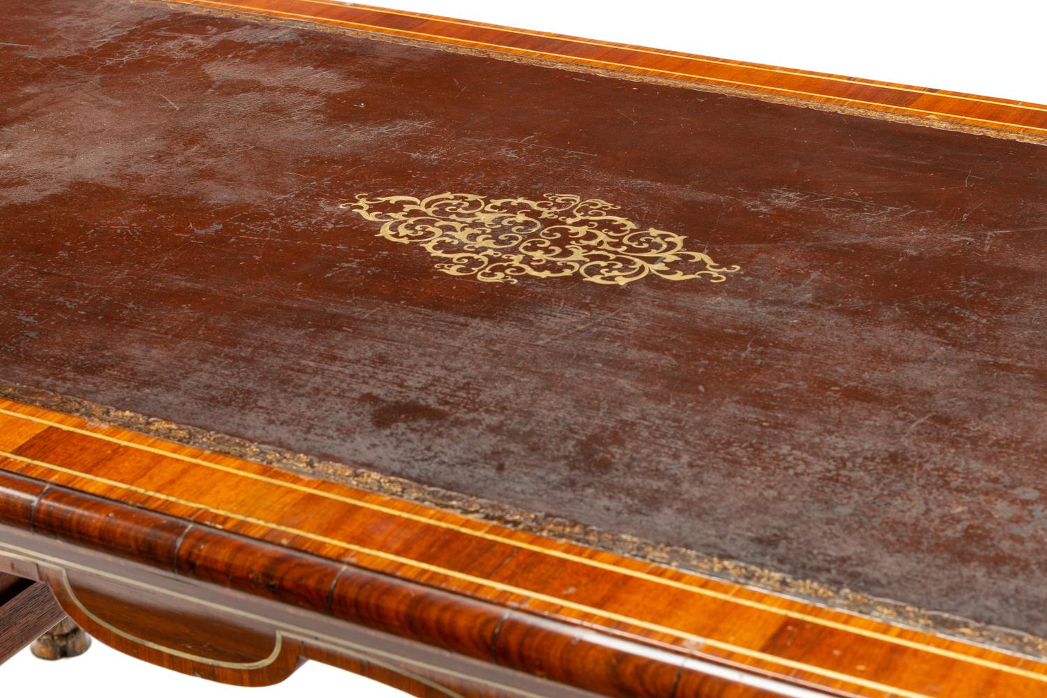 A German or Austrian Brass Inlaid Walnut Bureau Plat
