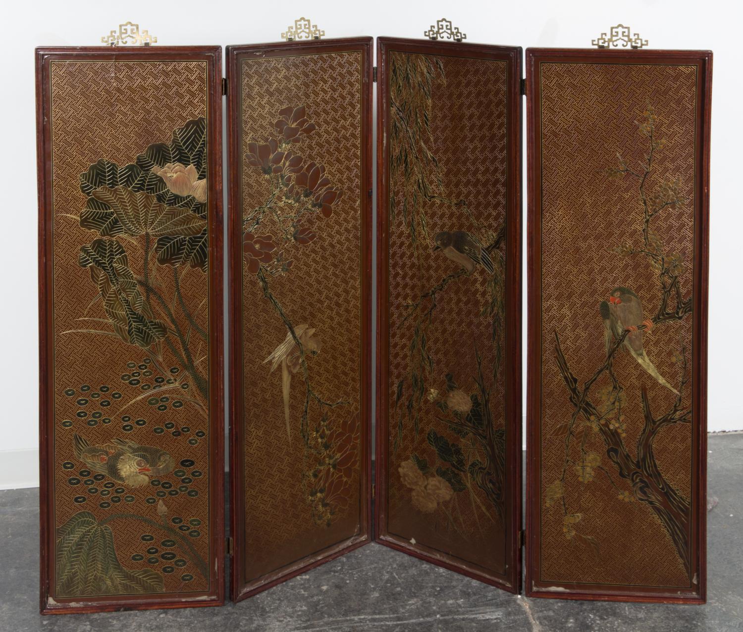 A Chinese Lacquered Four-Panel Screen Height 50 x width of each panel 15 3/4 inches.