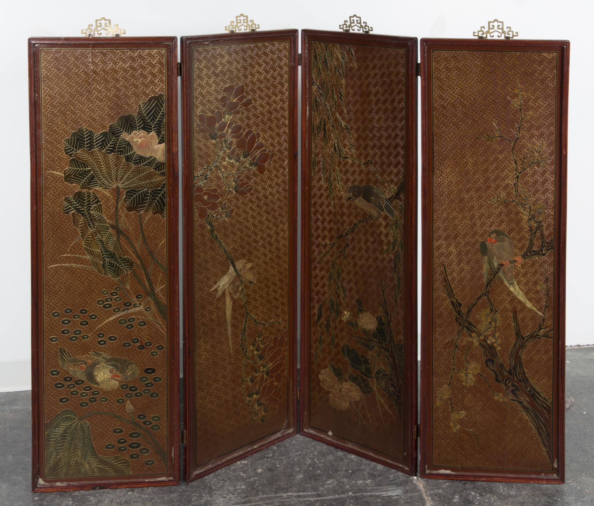 A Chinese Lacquered Four-Panel Screen Height 50 x width of each panel 15 3/4 inches.
