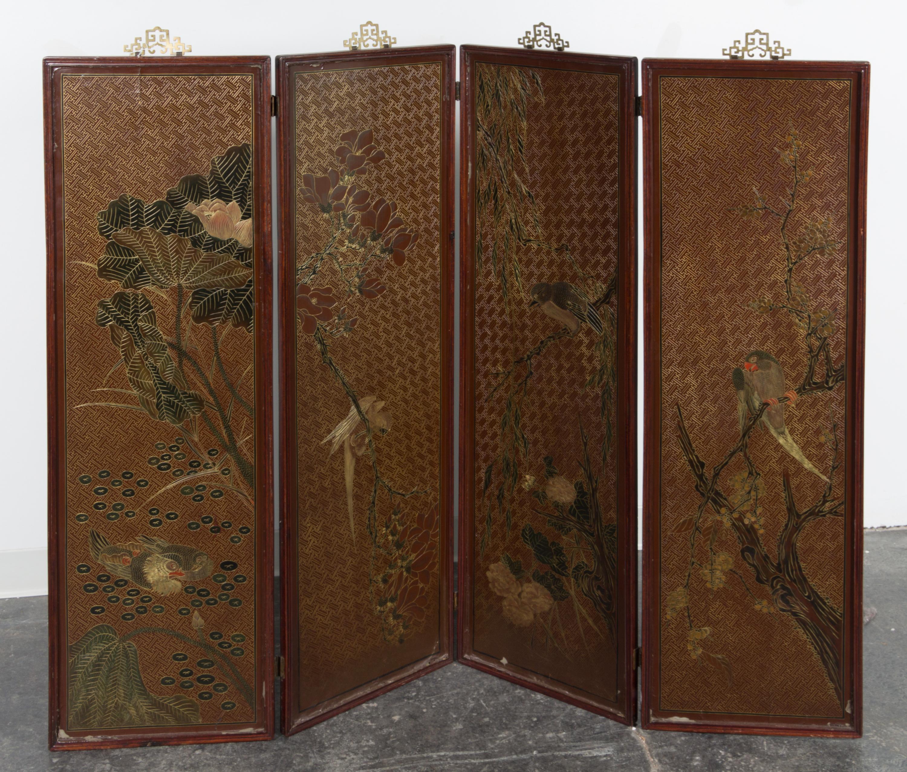A Chinese Lacquered Four-Panel Screen Height 50 x width of each panel 15 3/4 inches.